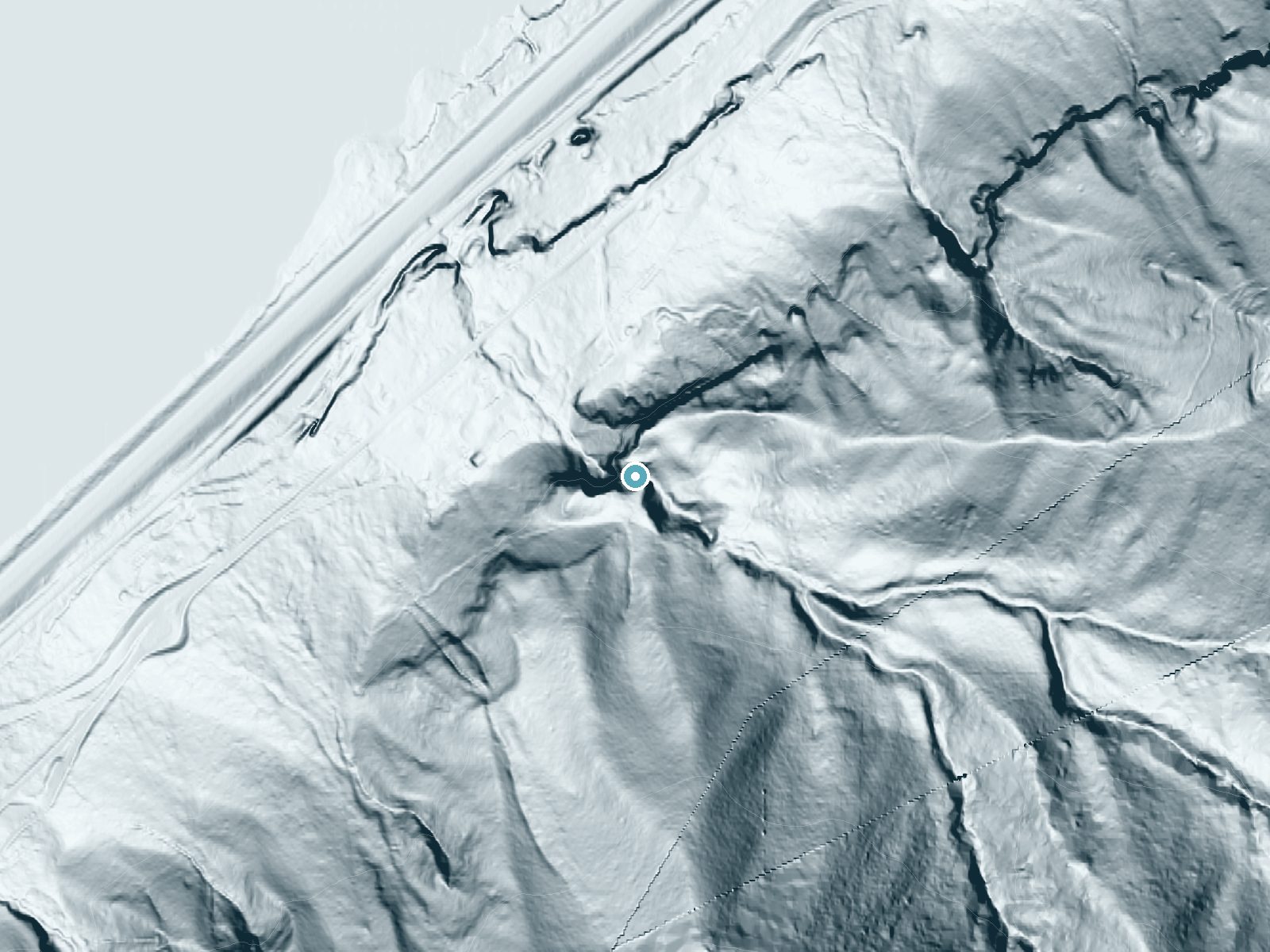 LiDAR bare-earth terrain around Coopey Falls near Washougal, Oregon, showing about 292 feet of drop, a single sheer drop, facing northwest