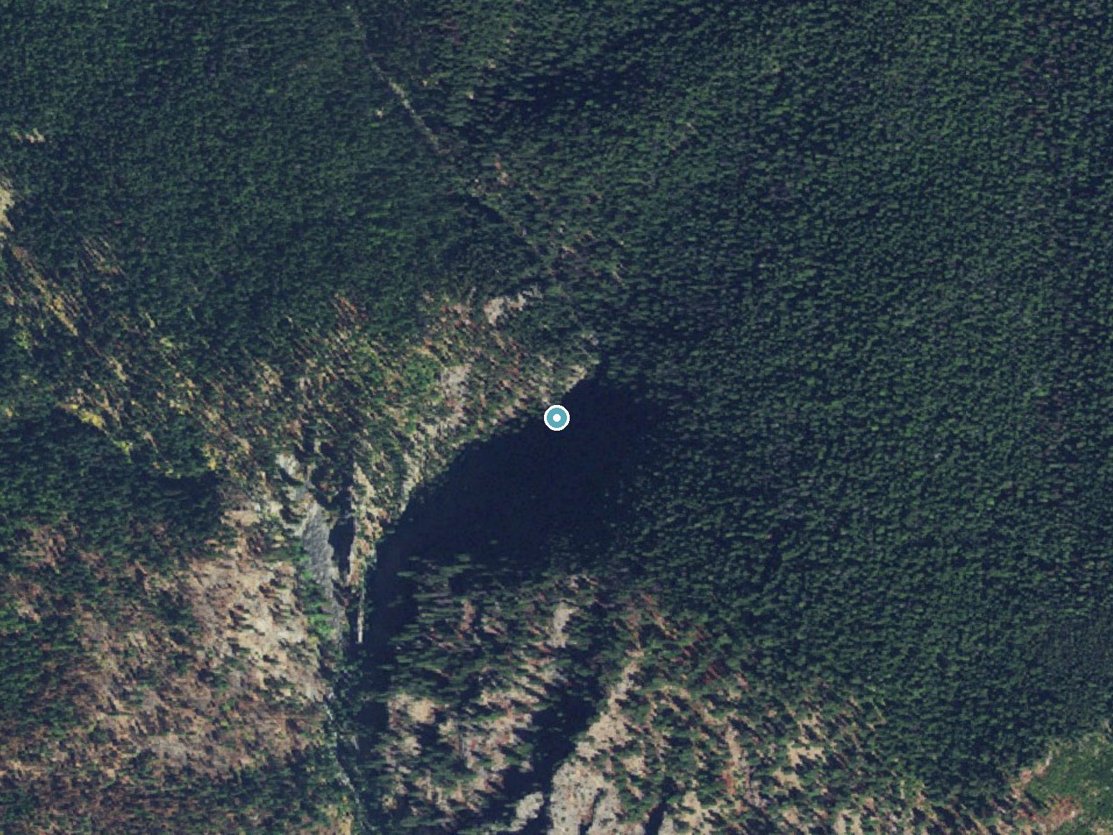 Aerial photo of the same ground around Mallard Creek Falls near Elk City, Idaho, for comparison with the lidar view