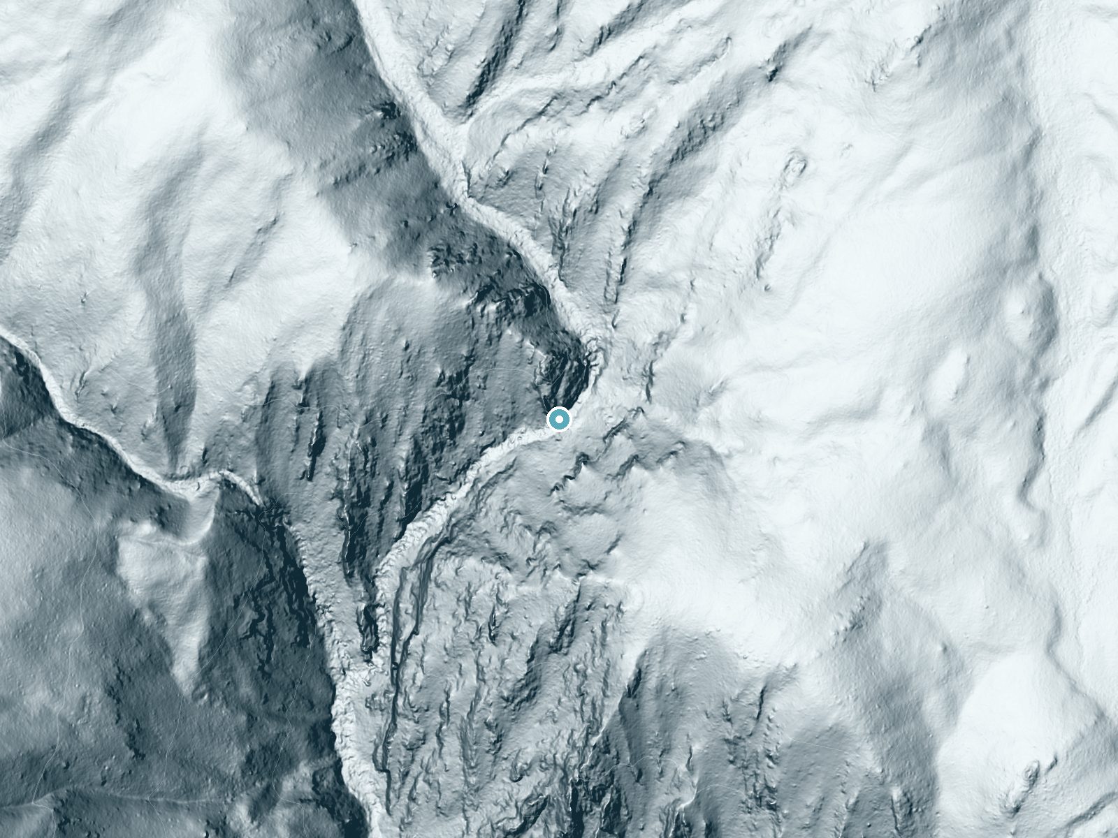LiDAR bare-earth terrain around Mallard Creek Falls near Elk City, Idaho, showing about 270 feet of drop, a long cascade, facing southwest