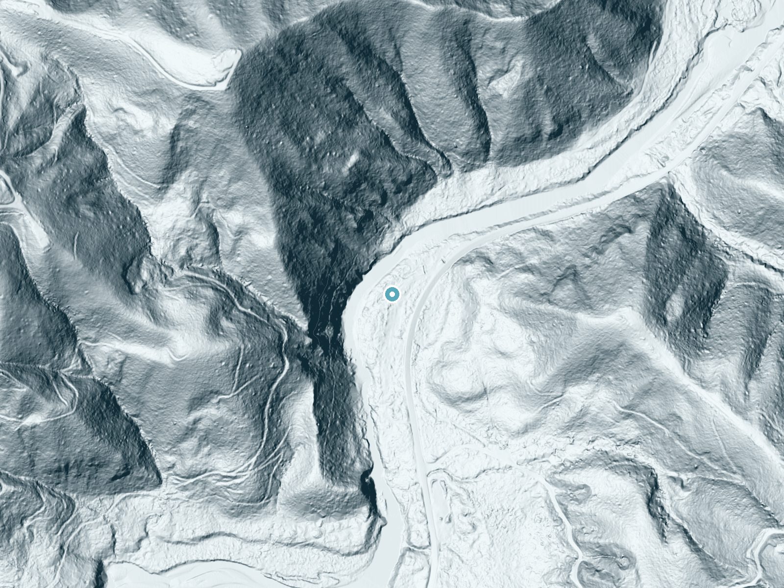 LiDAR bare-earth terrain around Wilson Falls near Fairview, Oregon, showing about 35 feet of drop, a long cascade, facing northwest