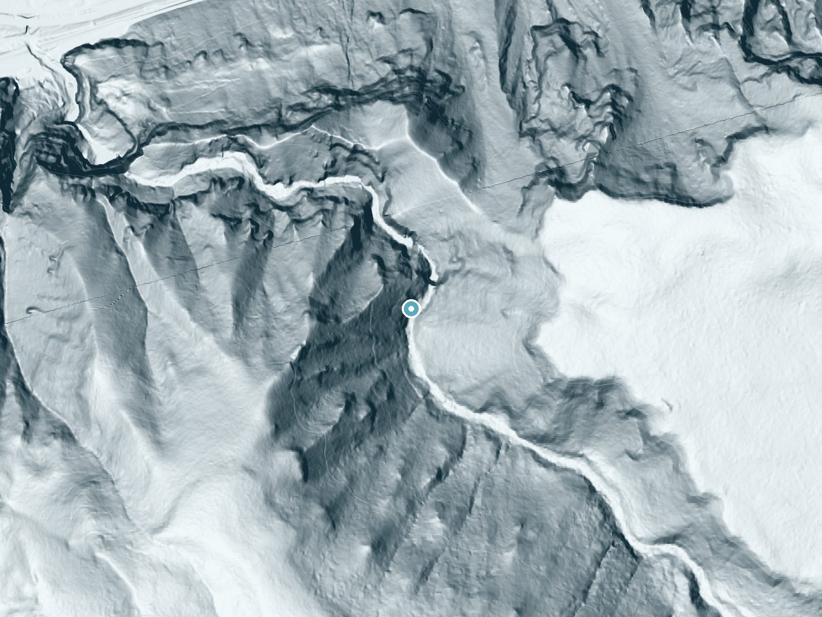 LiDAR bare-earth terrain around Wiesendanger Falls near North Bonneville, Oregon, showing about 294 feet of drop, a steep tiered drop, facing east
