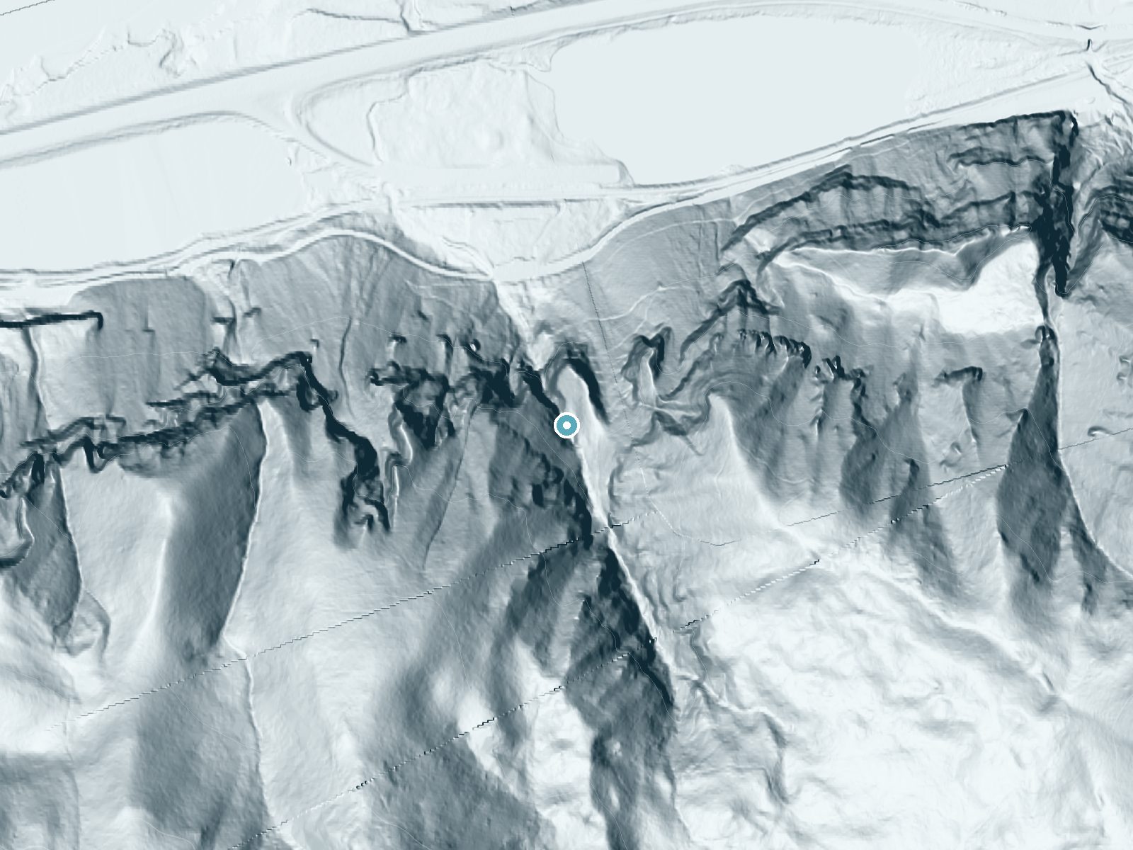 LiDAR bare-earth terrain around Wahkeena Falls near Washougal, Oregon, showing about 446 feet of drop, a steep tiered drop, facing north