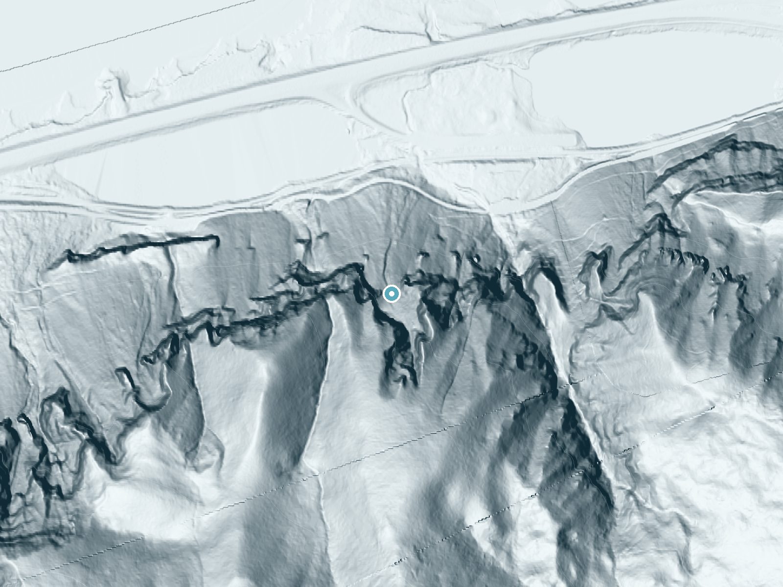 LiDAR bare-earth terrain around Mist Falls near Washougal, Oregon, showing about 564 feet of drop, a single sheer drop, facing north