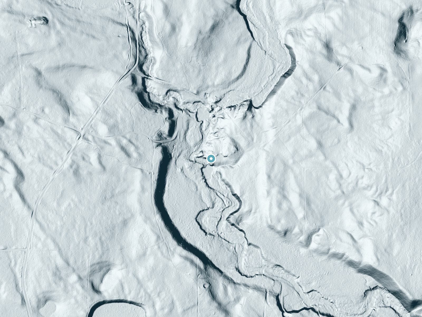 LiDAR bare-earth terrain around Eightfoot Falls near Dunbar, Wisconsin, showing about 48 feet of drop, a long cascade, facing southwest
