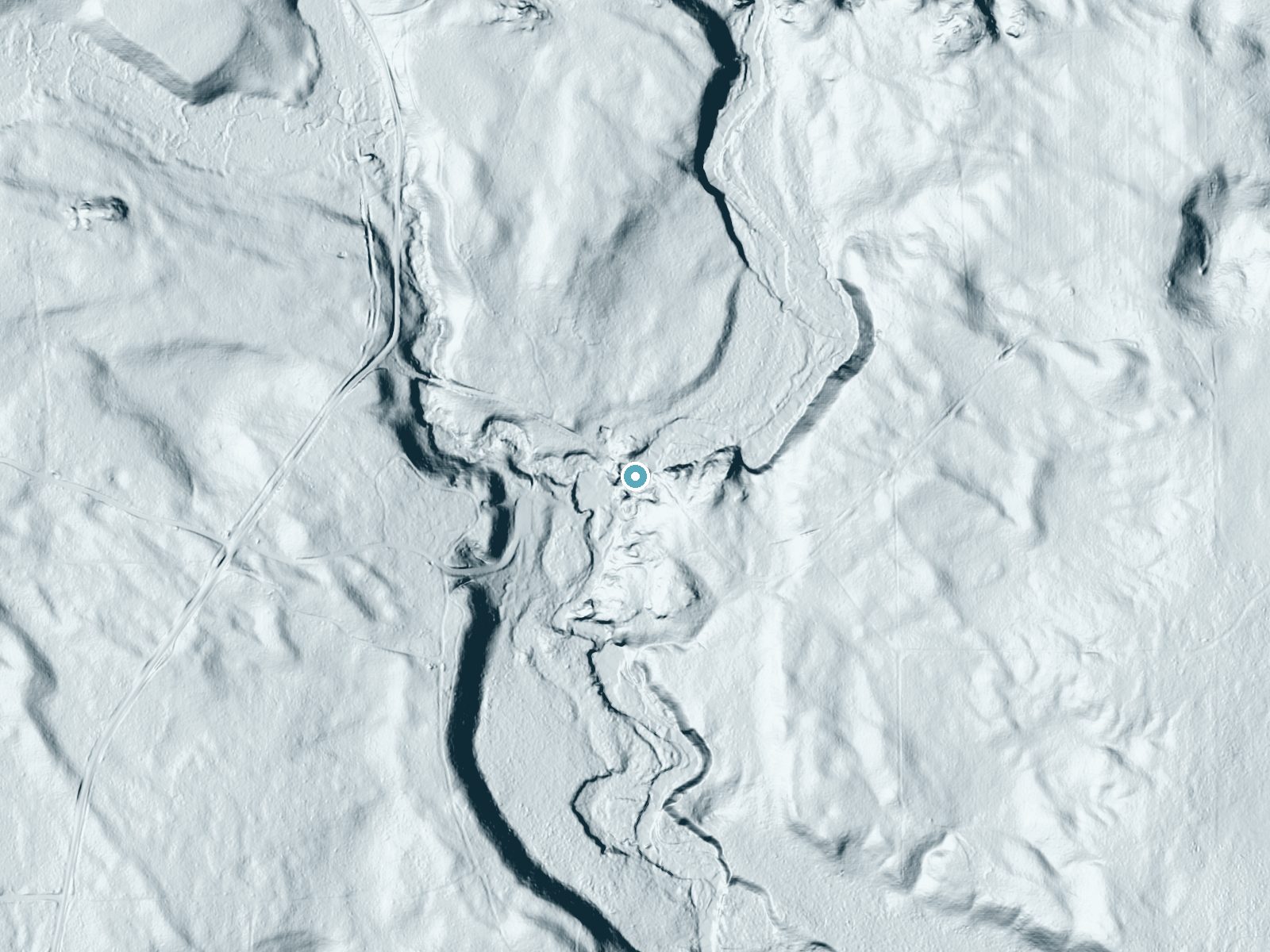 LiDAR bare-earth terrain around Twelvefoot Falls near Dunbar, Wisconsin, showing about 36 feet of drop, a long cascade, facing west