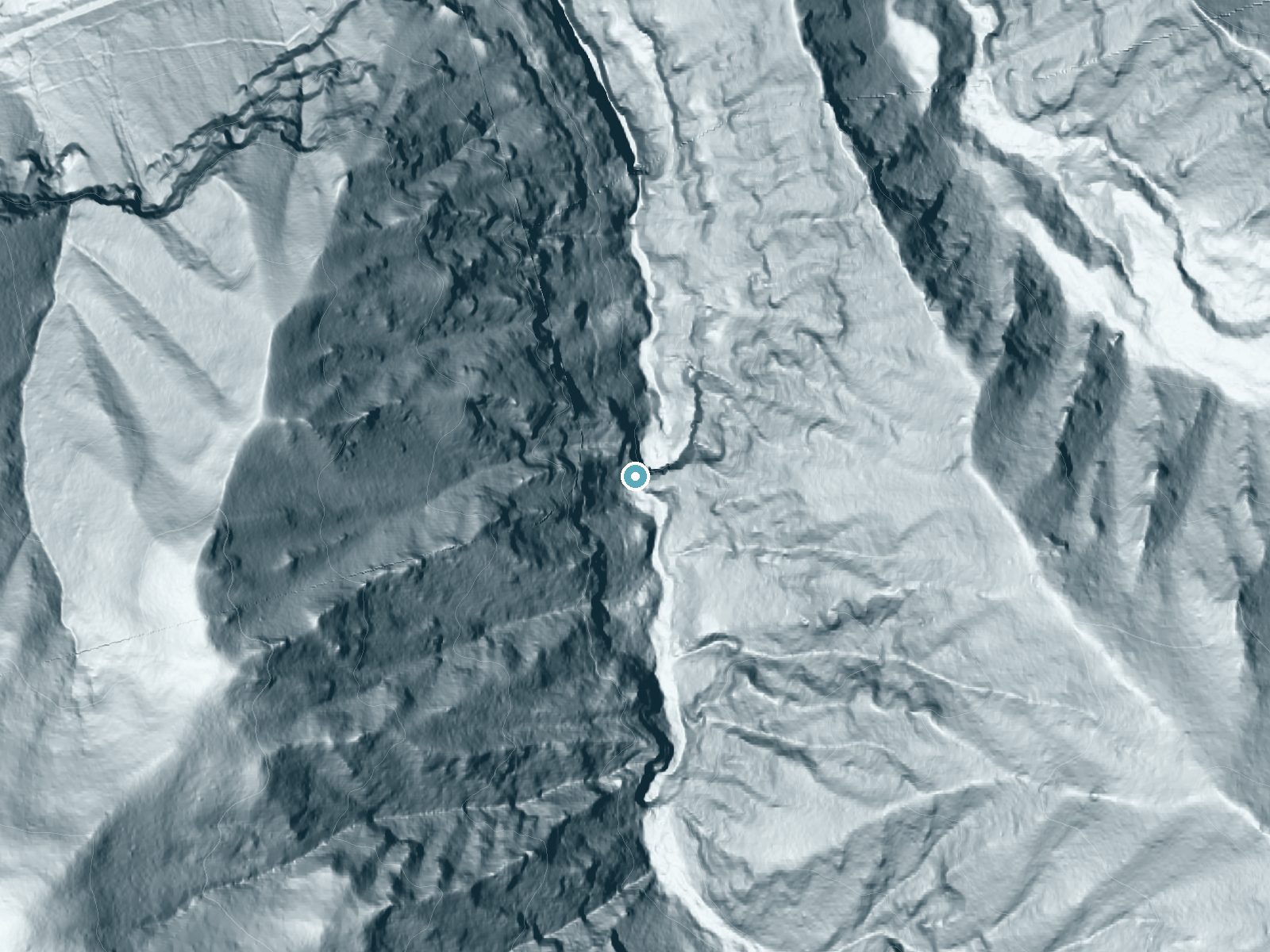 LiDAR bare-earth terrain around Oneonta Falls near North Bonneville, Oregon, showing about 333 feet of drop, a steep tiered drop, facing northeast