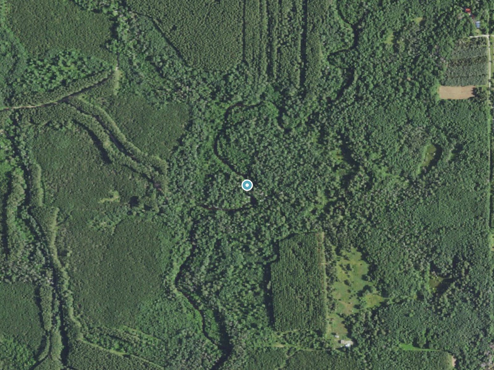 Aerial photo of the same ground around Eighteenfoot Falls near Dunbar, Wisconsin, for comparison with the lidar view