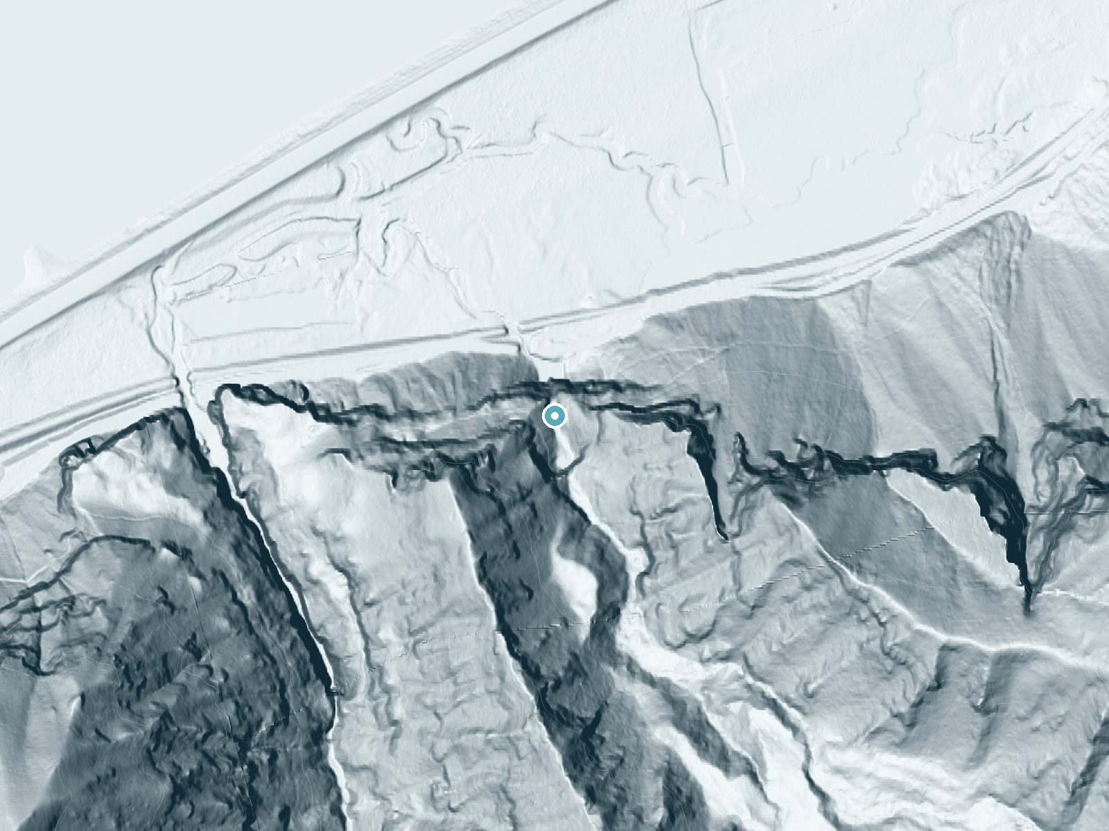 LiDAR bare-earth terrain around Horsetail Falls near North Bonneville, Oregon, showing about 463 feet of drop, a single sheer drop, facing north