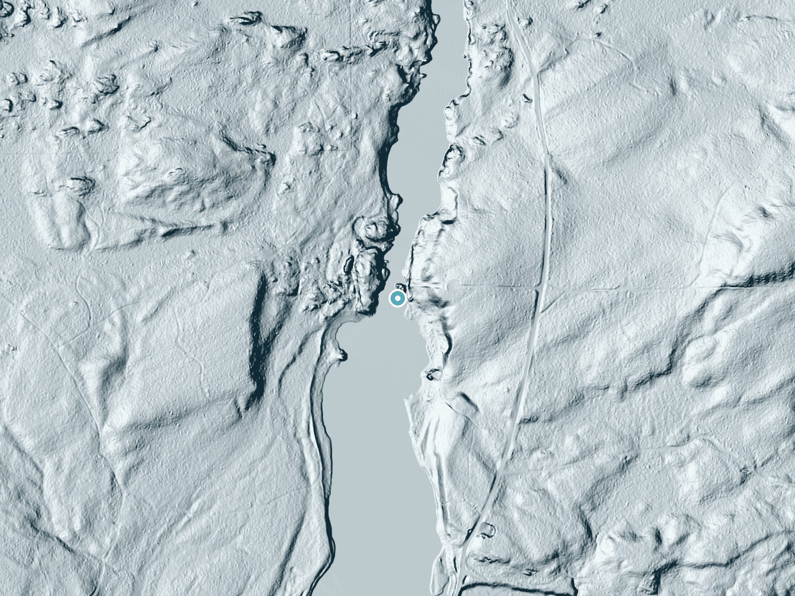 LiDAR bare-earth terrain around Pemene Falls near Carney, Michigan, showing about 55 feet of drop, a long cascade, facing south