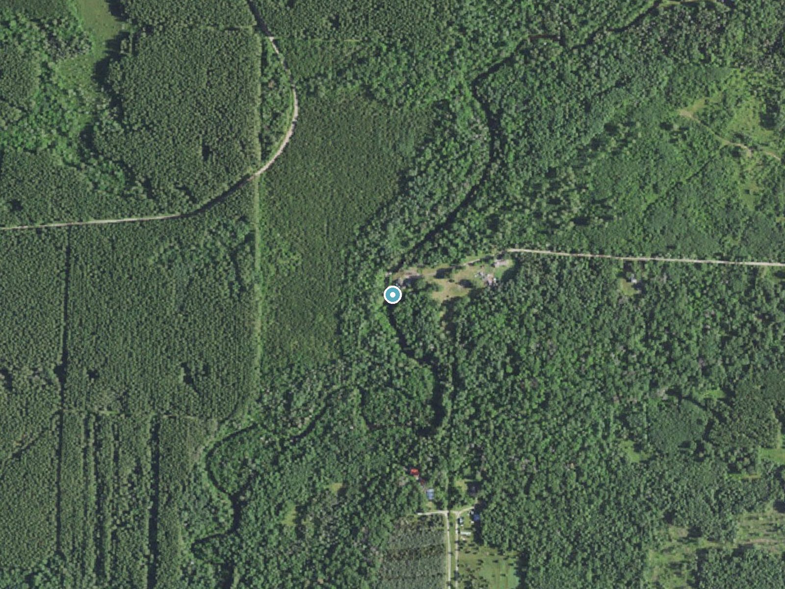 Aerial photo of the same ground around Bull Falls near Dunbar, Wisconsin, for comparison with the lidar view