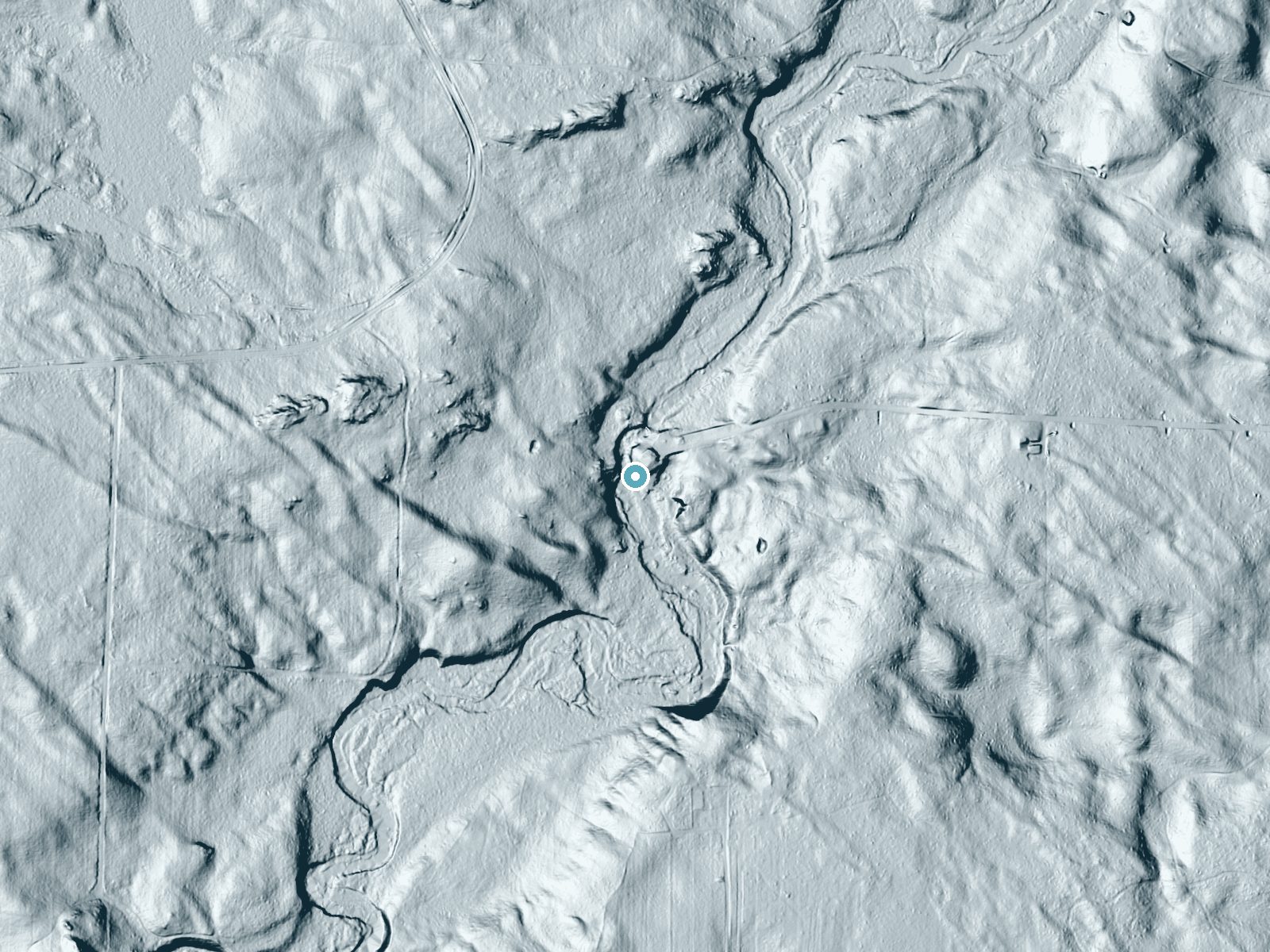 LiDAR bare-earth terrain around Bull Falls near Dunbar, Wisconsin, showing about 31 feet of drop, a long cascade, facing south