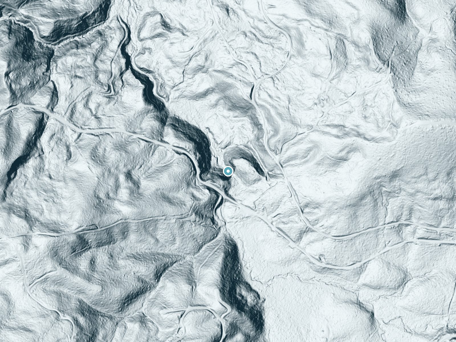 LiDAR bare-earth terrain around University Falls near Banks, Oregon, showing about 172 feet of drop, a steep tiered drop, facing northwest