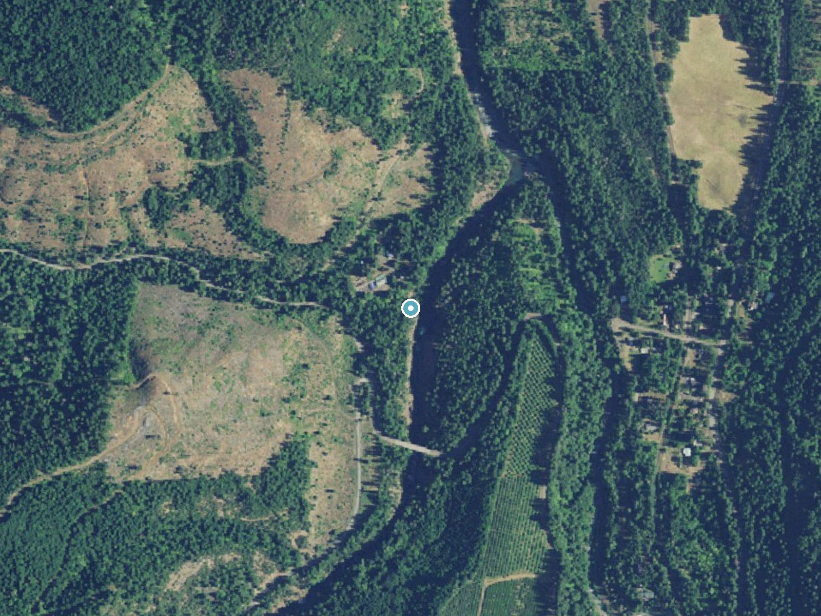 Aerial photo of the same ground around Punchbowl Falls near Odell, Oregon, for comparison with the lidar view