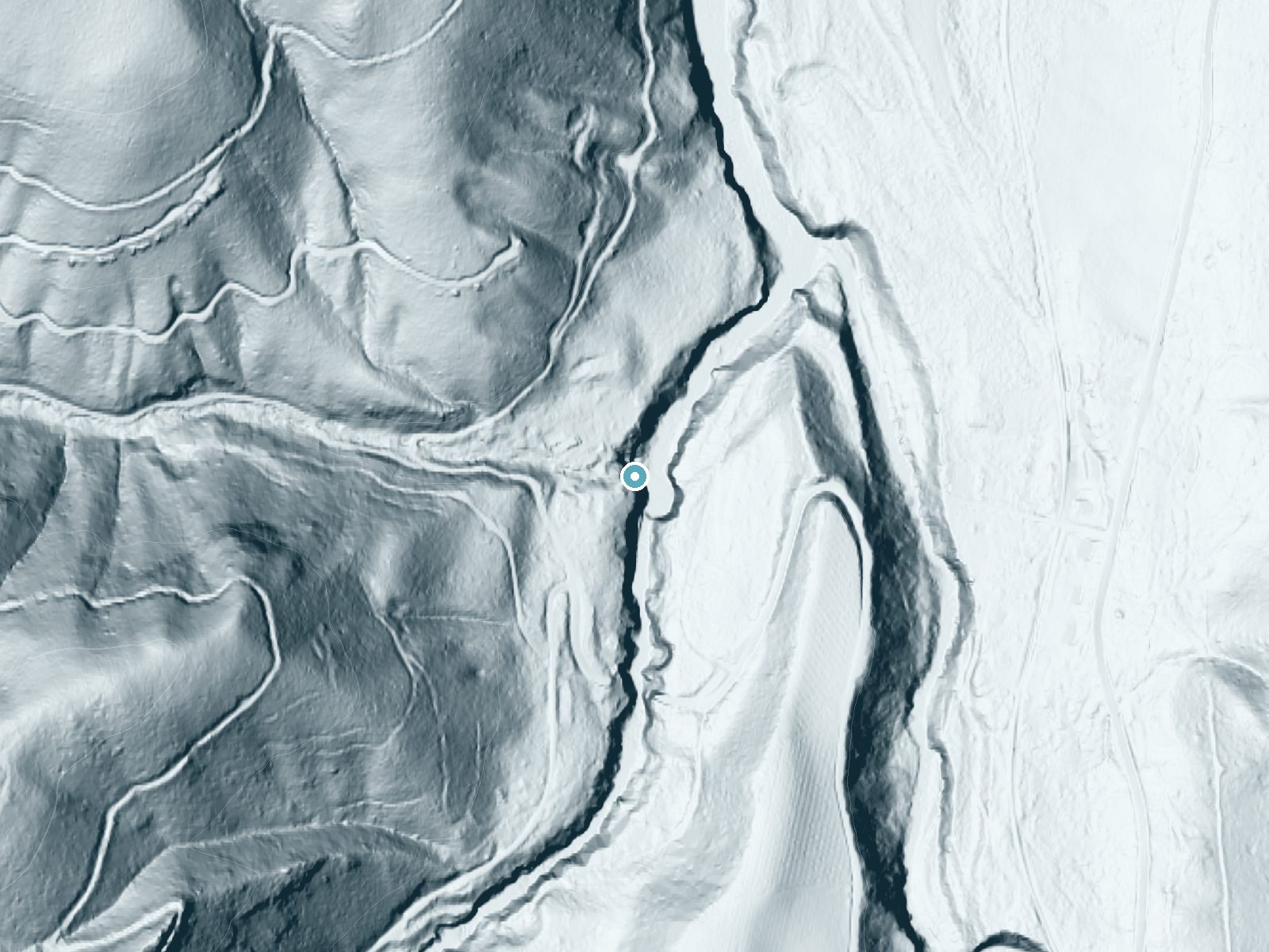 LiDAR bare-earth terrain around Punchbowl Falls near Odell, Oregon, showing about 132 feet of drop, a steep tiered drop, facing east