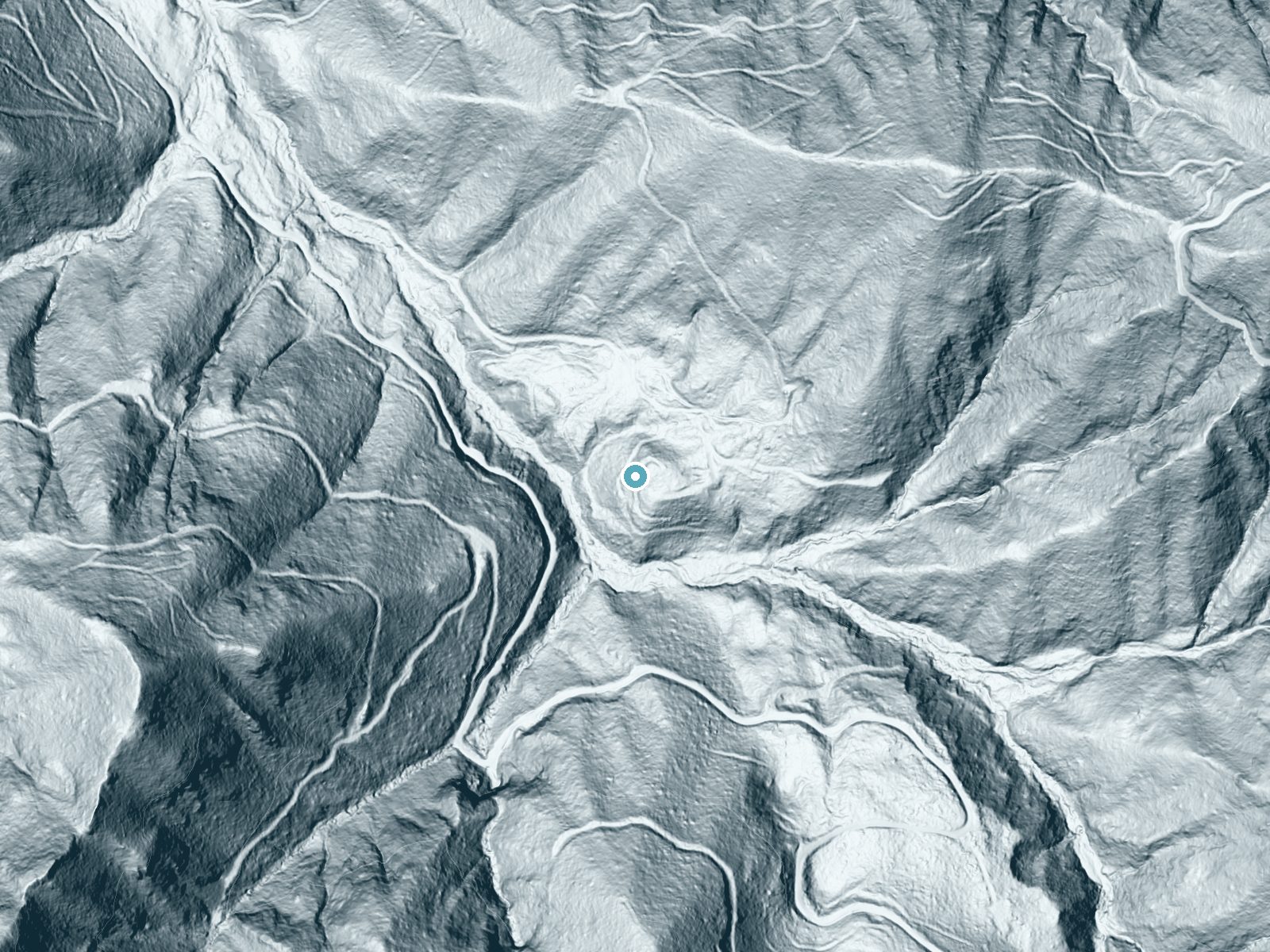 LiDAR bare-earth terrain around Kilchis Falls near Barnesdale, Oregon, showing about 188 feet of drop, a steep tiered drop, facing west