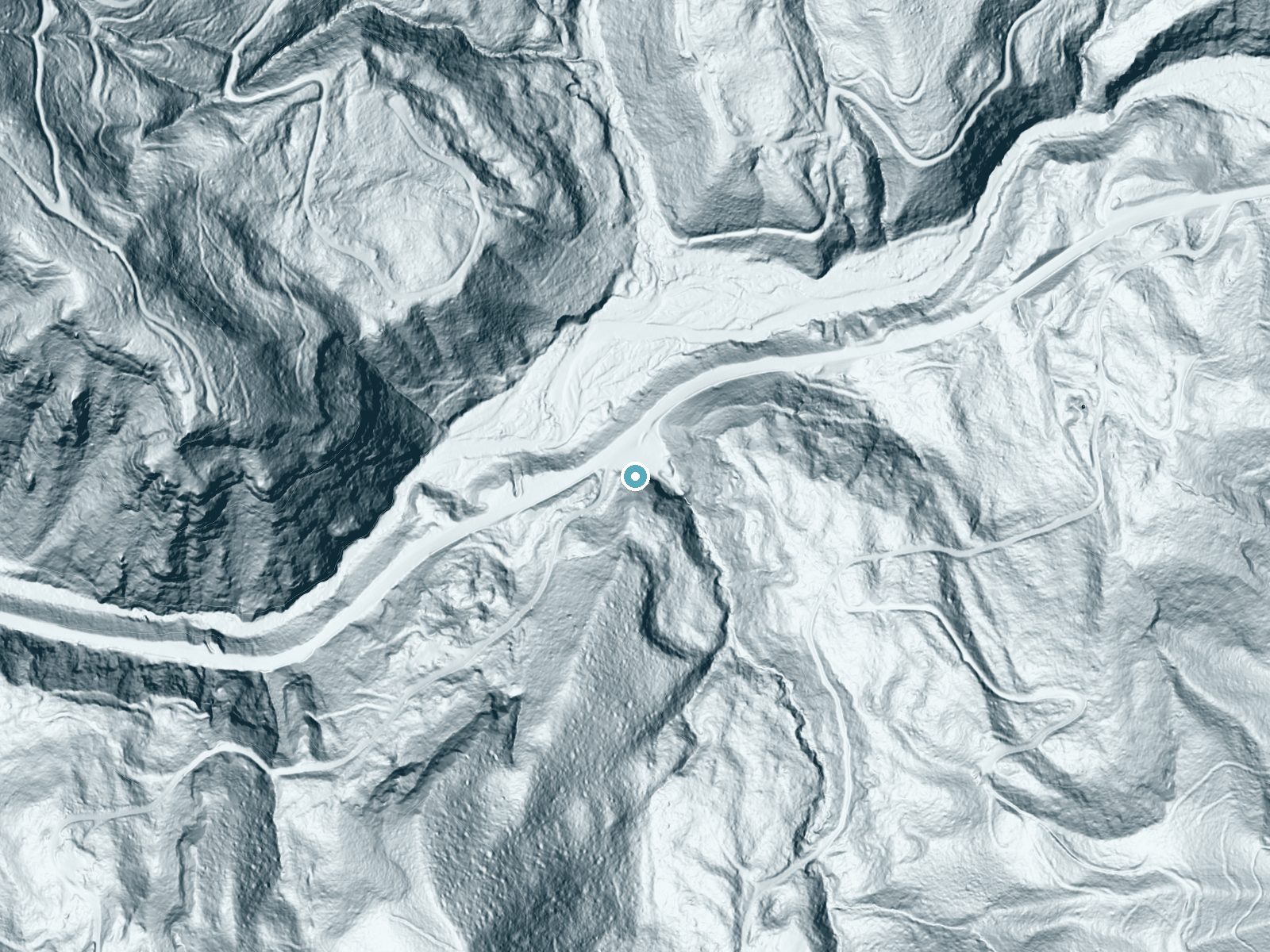 LiDAR bare-earth terrain around Fern Rock Falls near Banks, Oregon, showing about 206 feet of drop, a steep tiered drop, facing north