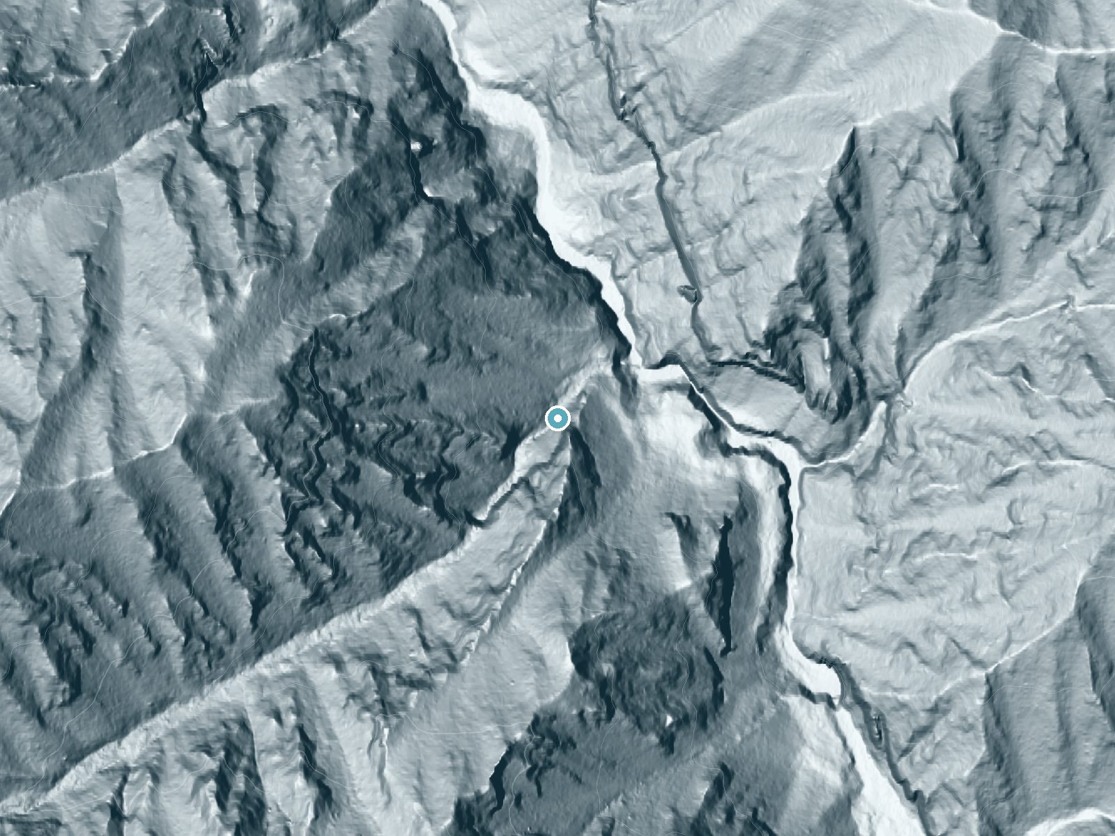 LiDAR bare-earth terrain around Loowit Falls near Cascade Locks, Oregon, showing about 317 feet of drop, a steep tiered drop, facing north