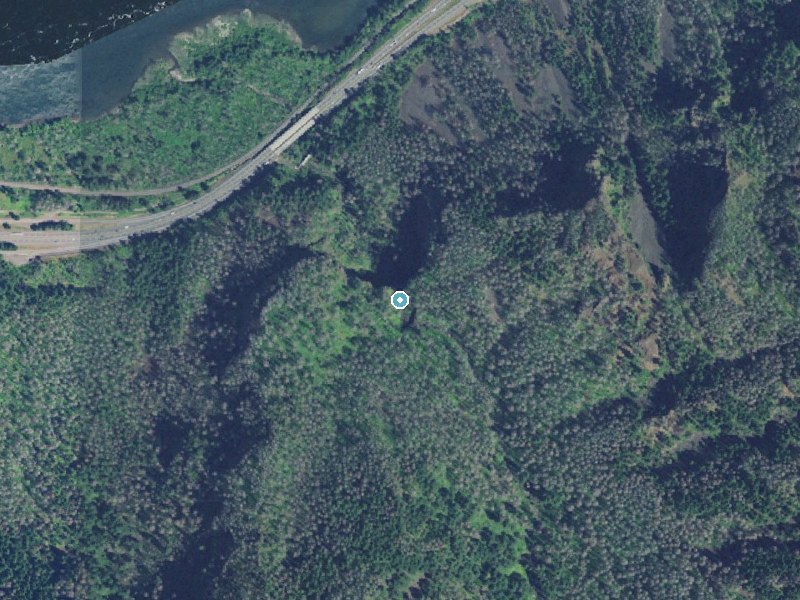 Aerial photo of the same ground around Elowah Falls near North Bonneville, Oregon, for comparison with the lidar view