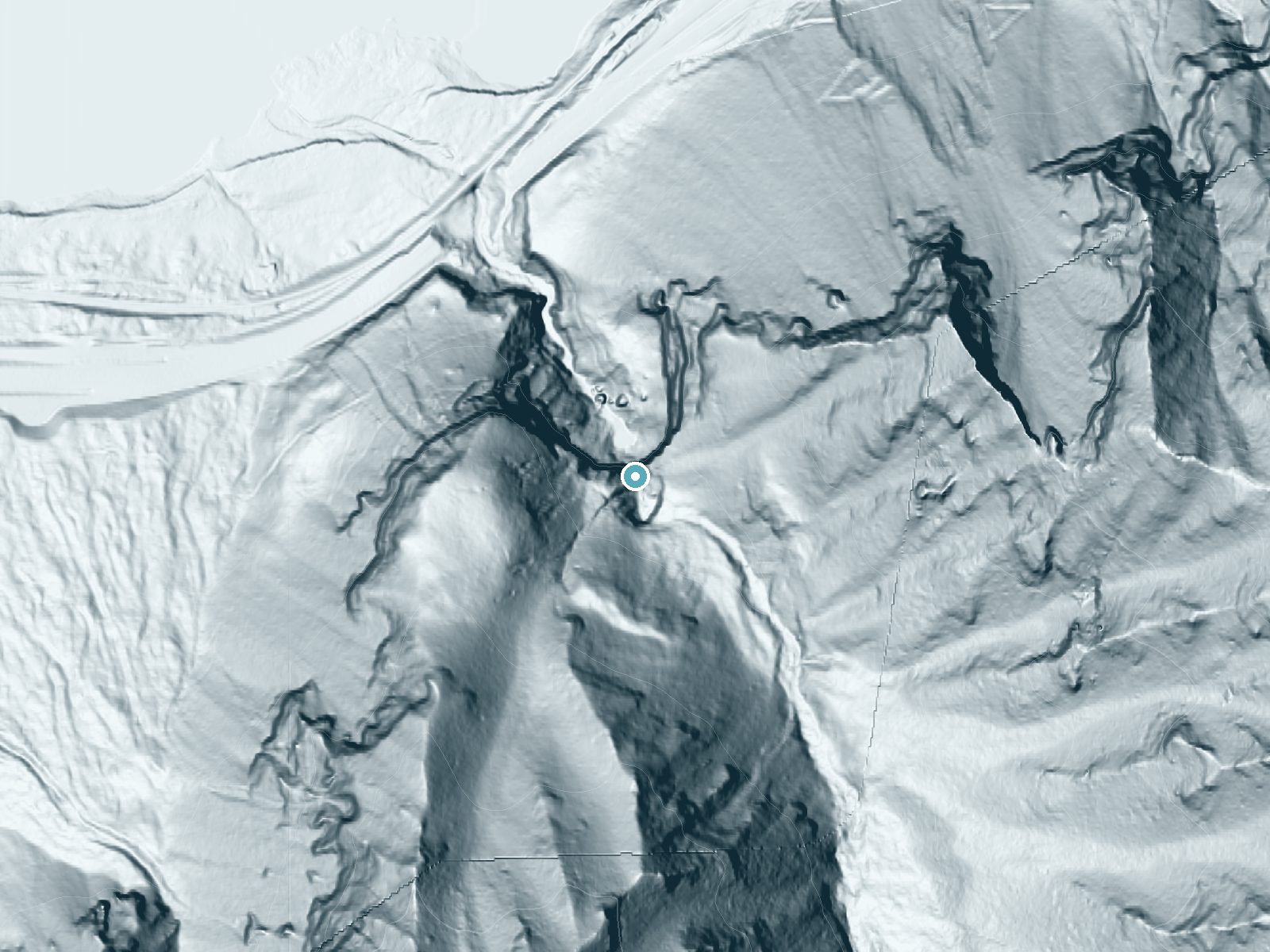 LiDAR bare-earth terrain around Elowah Falls near North Bonneville, Oregon, showing about 491 feet of drop, a single sheer drop, facing northwest