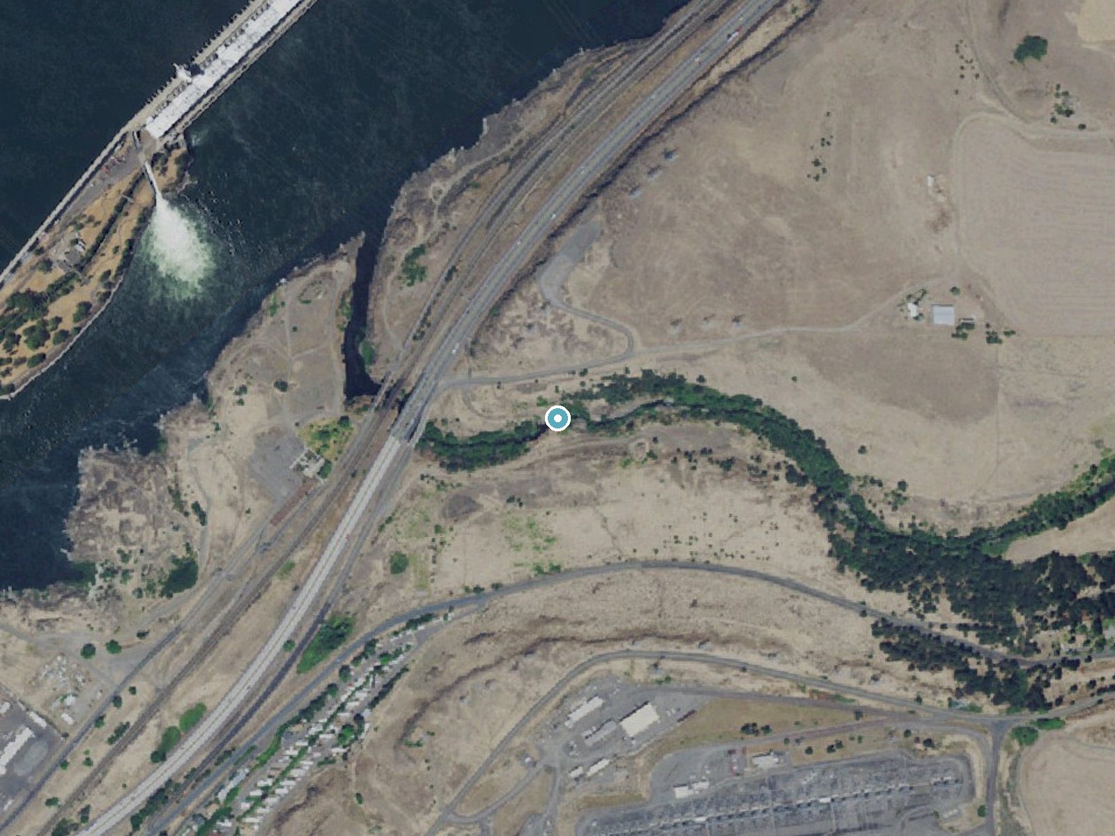 Aerial photo of the same ground around Cushing Falls near The Dalles, Oregon, for comparison with the lidar view