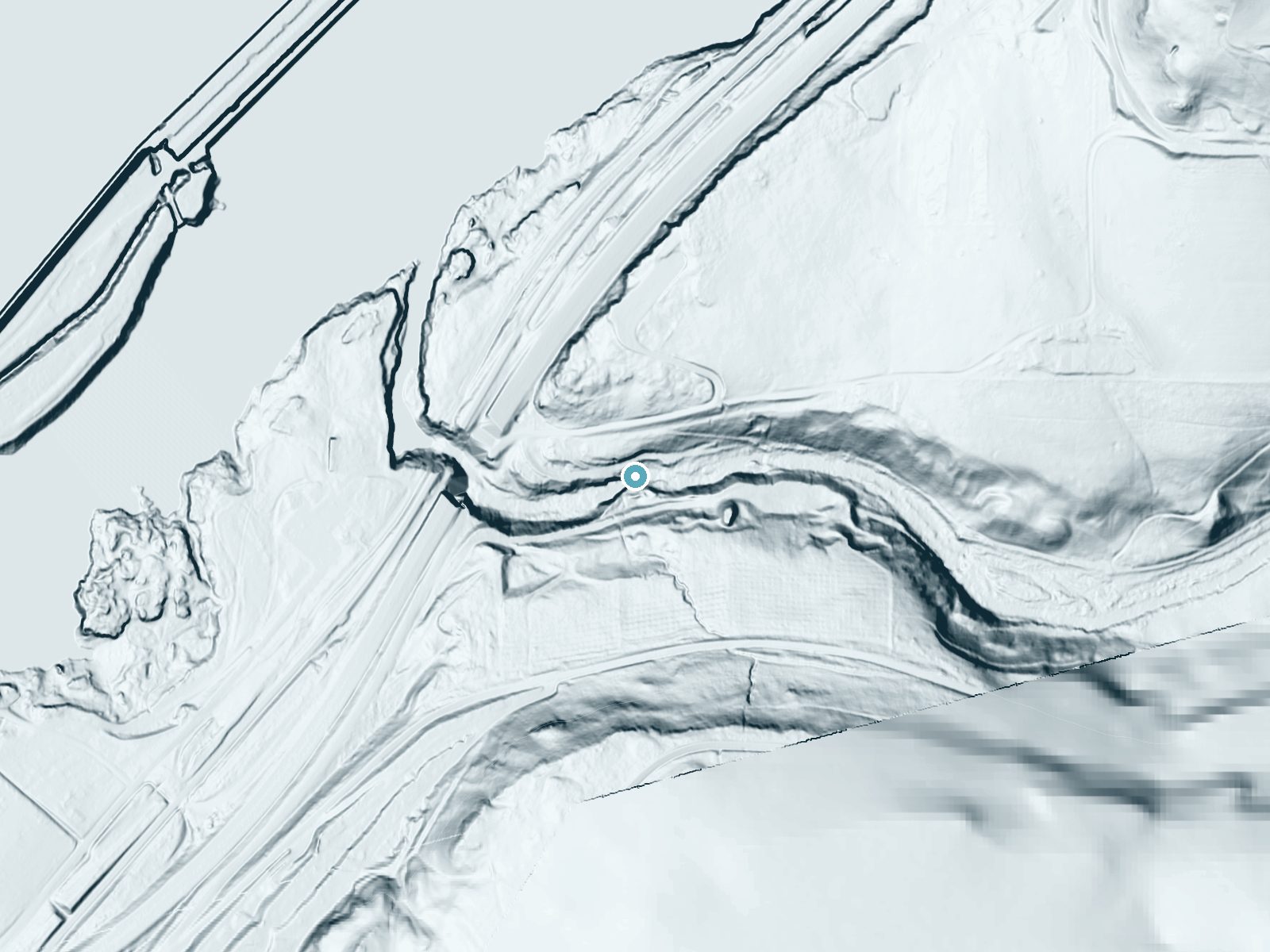LiDAR bare-earth terrain around Cushing Falls near The Dalles, Oregon, showing about 97 feet of drop, a long cascade, facing southwest