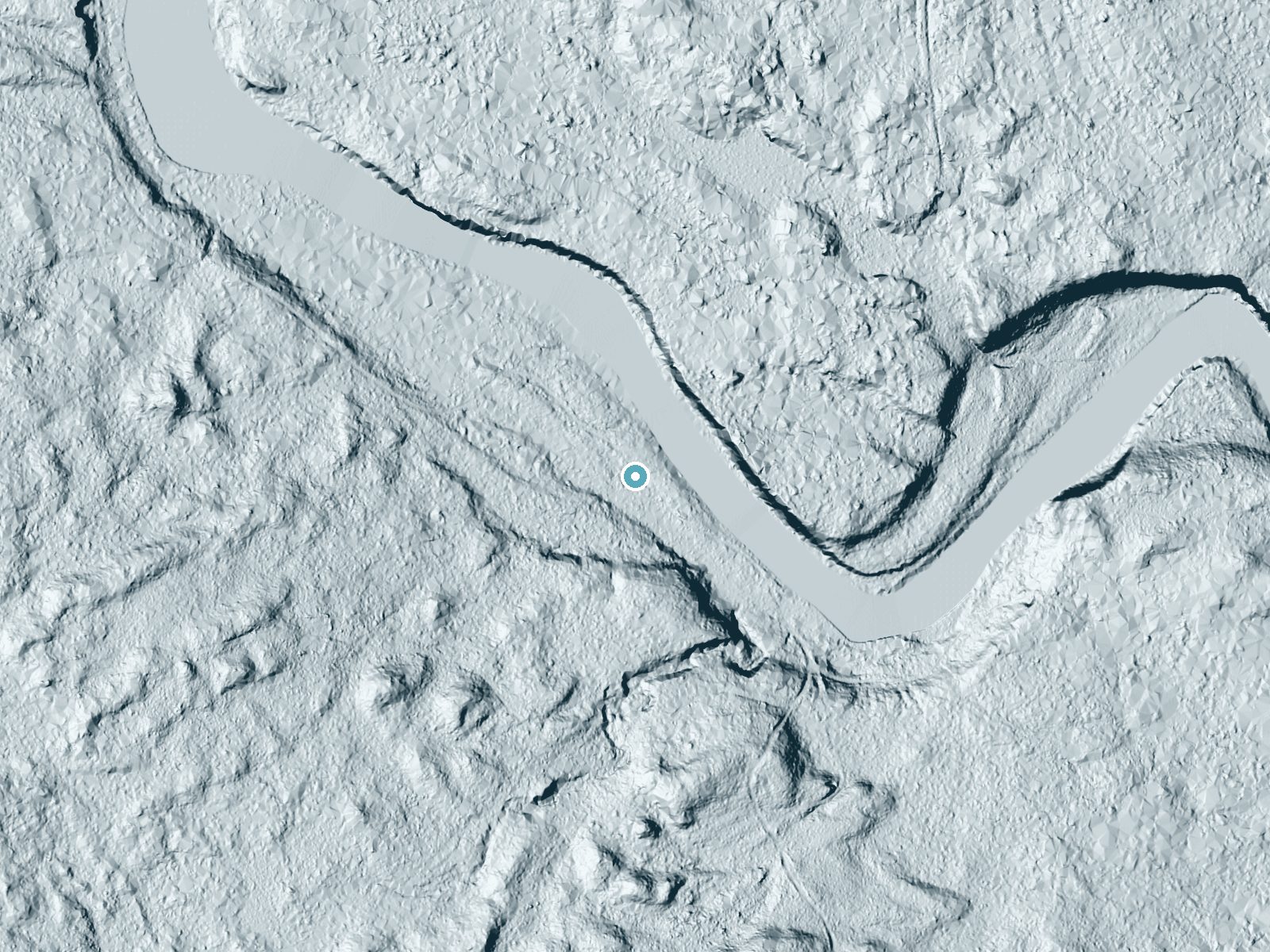 LiDAR bare-earth terrain around Grand Falls near Mattawamkeag, Maine, showing about 16 feet of drop, a long cascade, facing east