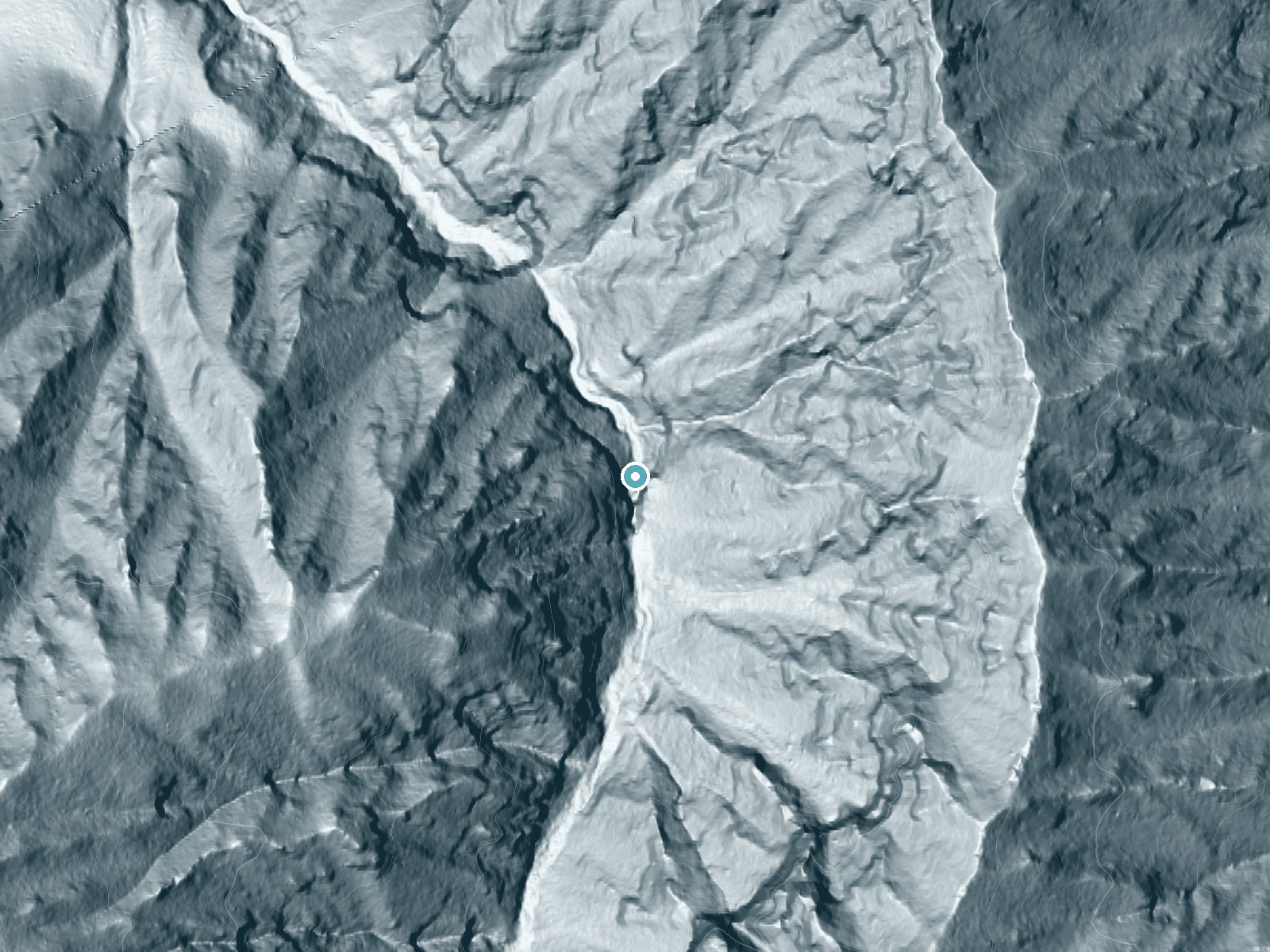 LiDAR bare-earth terrain around Wahe Falls near North Bonneville, Oregon, showing about 353 feet of drop, a single sheer drop, facing north