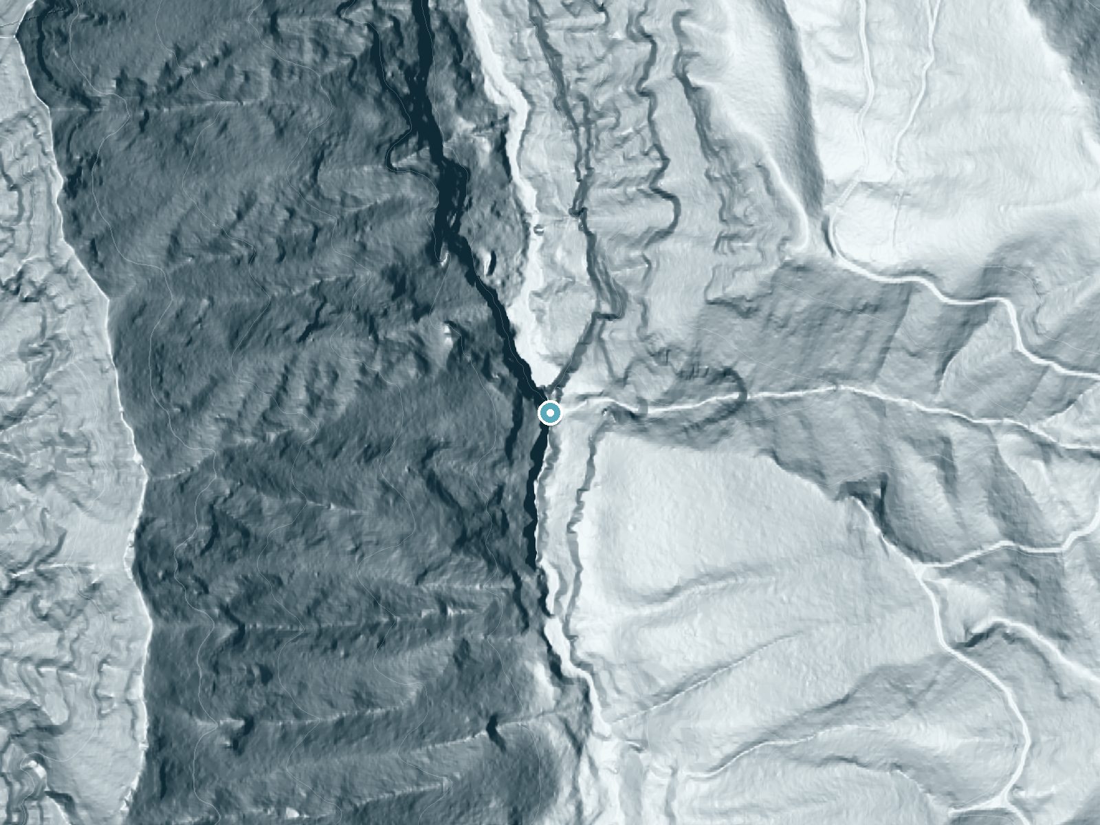 LiDAR bare-earth terrain around Tanner Creek Falls near North Bonneville, Oregon, showing about 447 feet of drop, a single sheer drop, facing north