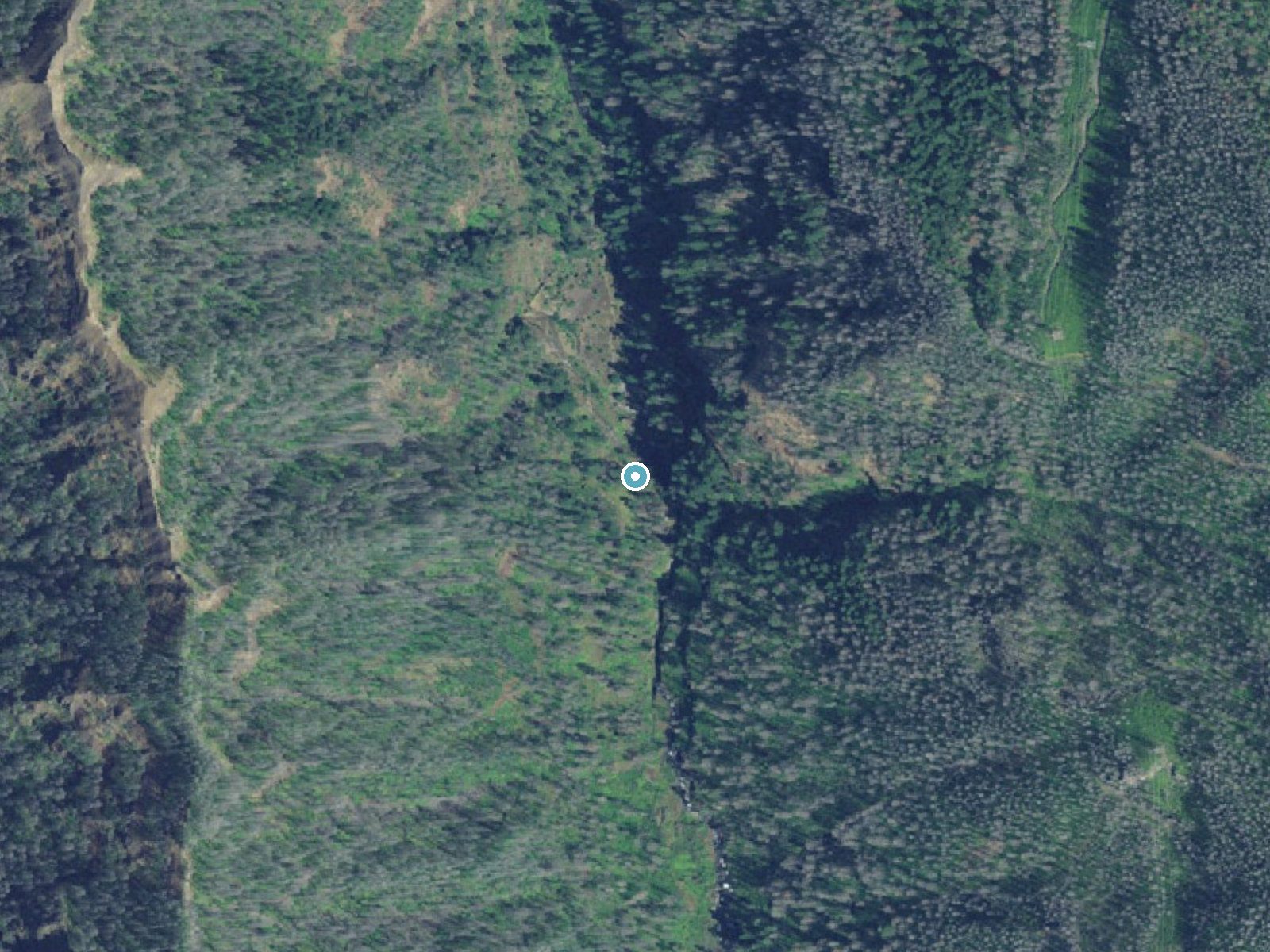 Aerial photo of the same ground around Wahclella Falls near North Bonneville, Oregon, for comparison with the lidar view