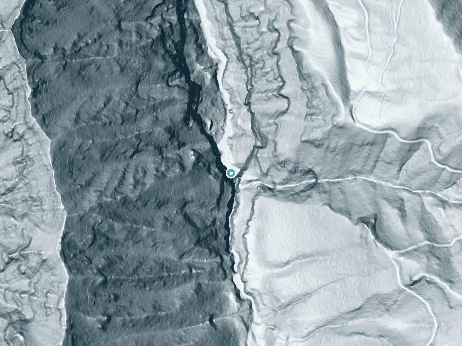 LiDAR bare-earth terrain around Wahclella Falls near North Bonneville, Oregon, showing about 458 feet of drop, a single sheer drop, facing northeast