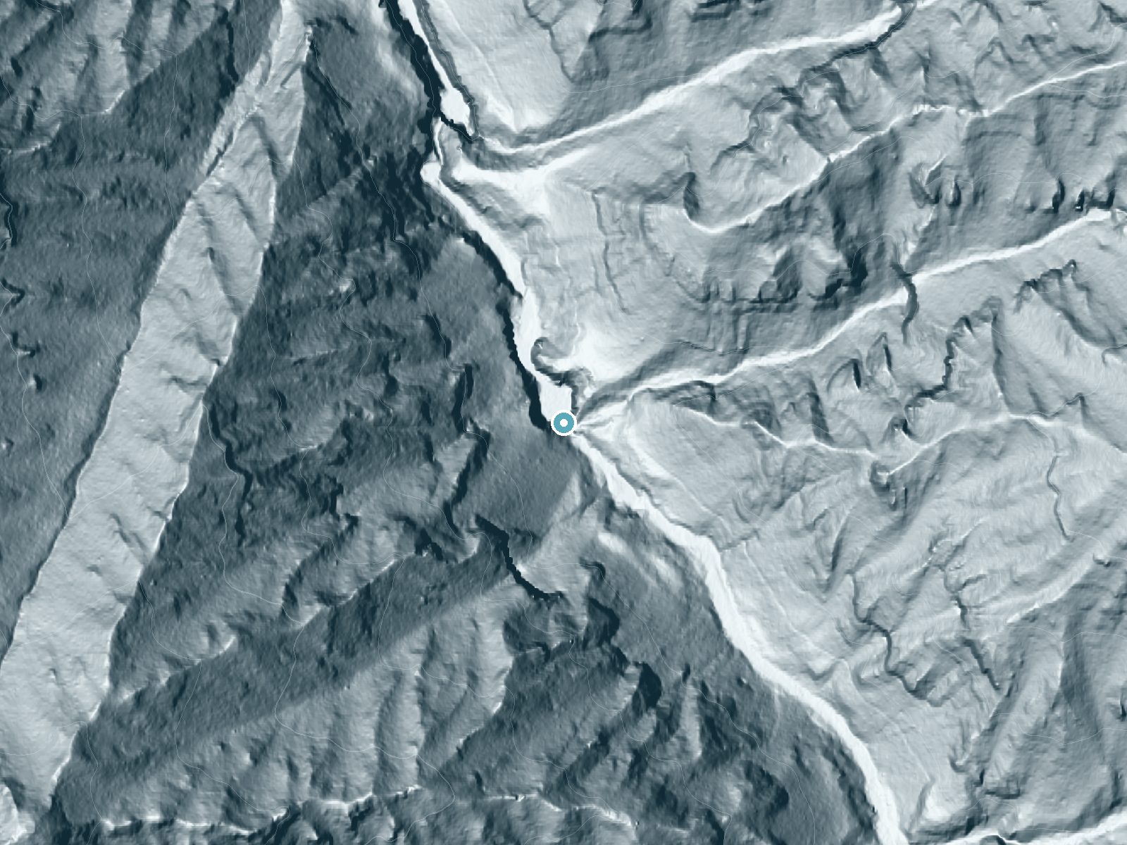 LiDAR bare-earth terrain around Punch Bowl Falls near Stevenson, Oregon, showing about 232 feet of drop, a steep tiered drop, facing northeast