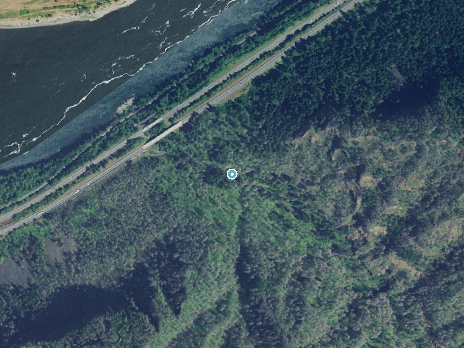 Aerial photo of the same ground around Moffett Falls near North Bonneville, Oregon, for comparison with the lidar view