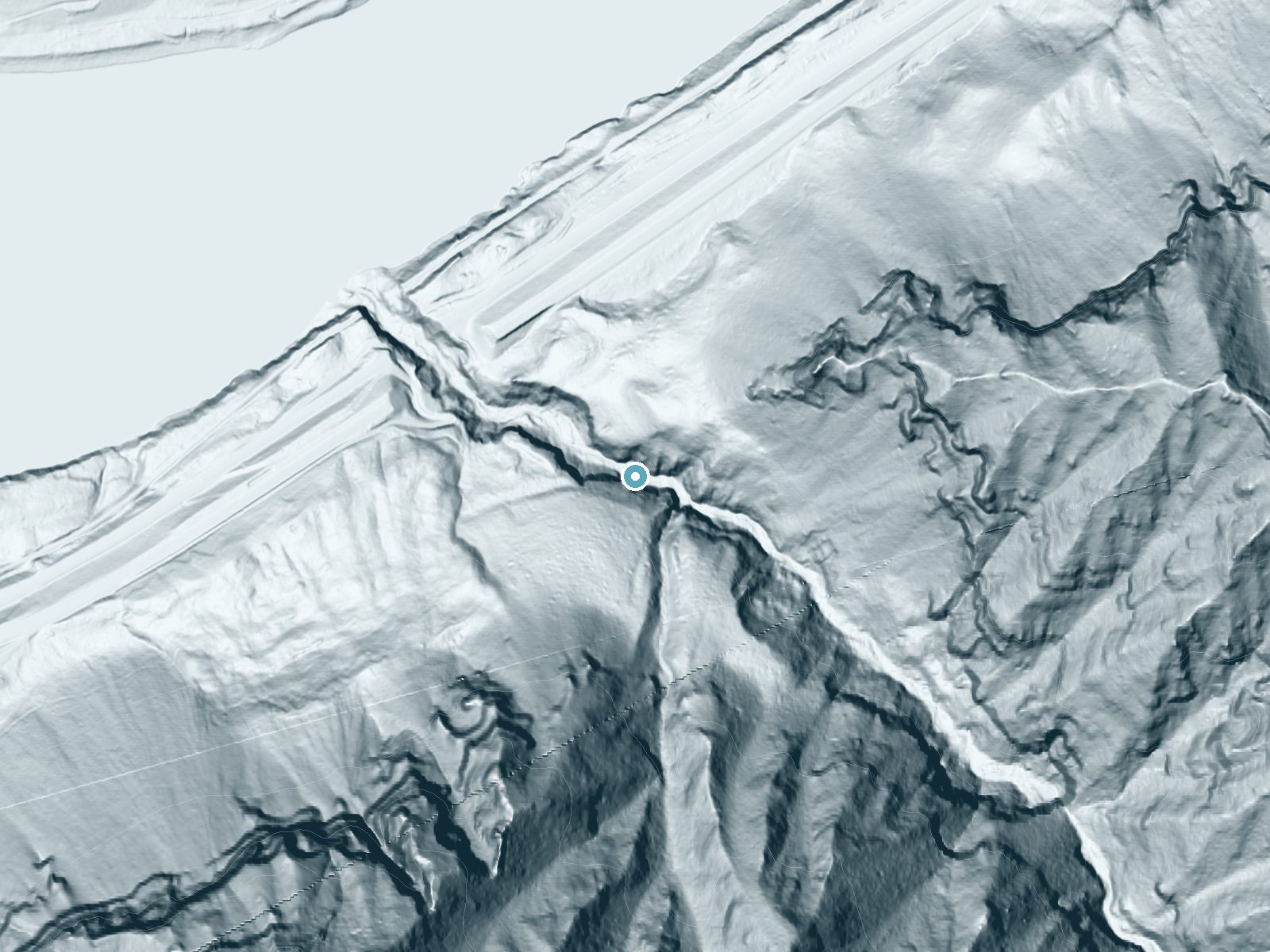 LiDAR bare-earth terrain around Moffett Falls near North Bonneville, Oregon, showing about 217 feet of drop, a single sheer drop, facing north