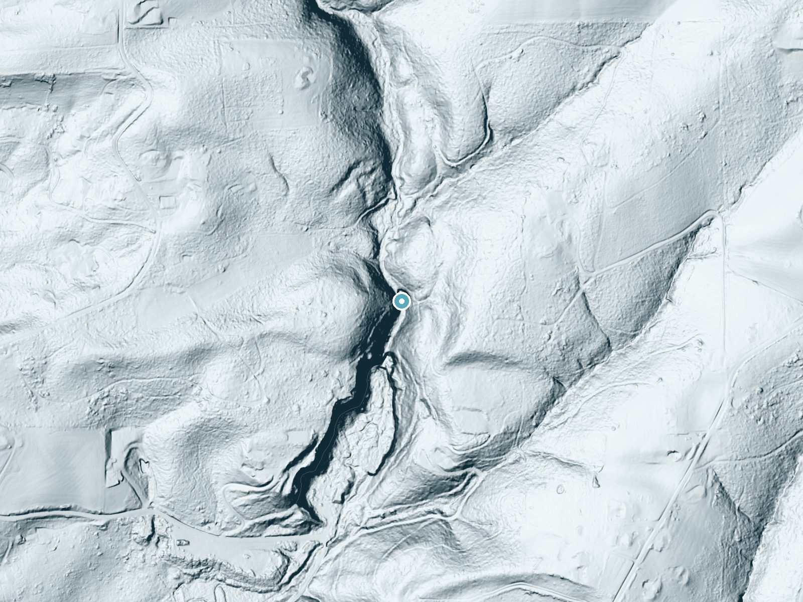 LiDAR bare-earth terrain around Jackson Falls near North Plains, Oregon, showing about 148 feet of drop, a steep tiered drop, facing southwest