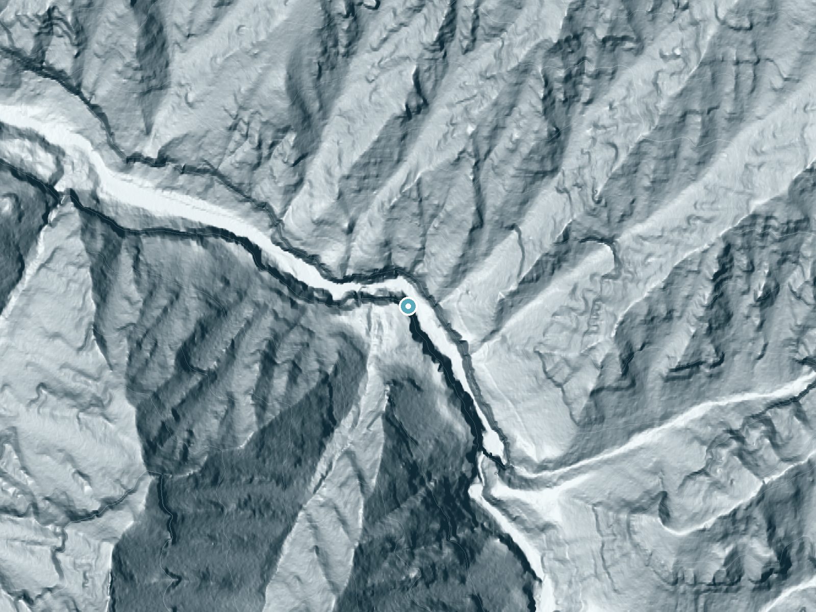 LiDAR bare-earth terrain around Metlako Falls near Stevenson, Oregon, showing about 276 feet of drop, a single sheer drop, facing north