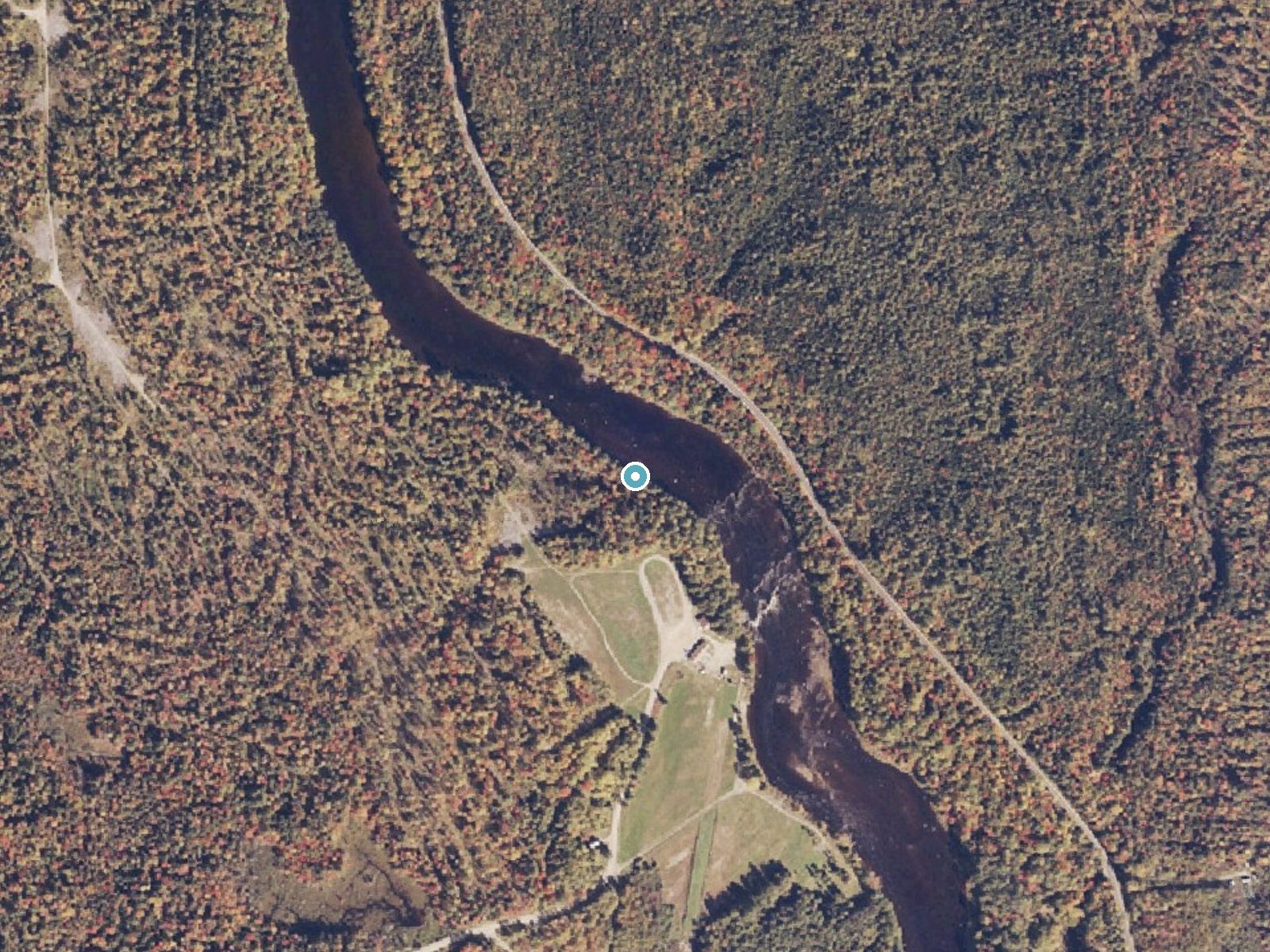 Aerial photo of the same ground around Ledge Falls near Mattawamkeag, Maine, for comparison with the lidar view