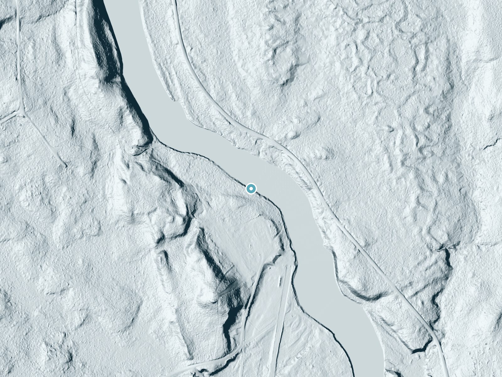 LiDAR bare-earth terrain around Ledge Falls near Mattawamkeag, Maine, showing about 22 feet of drop, a long cascade, facing northeast