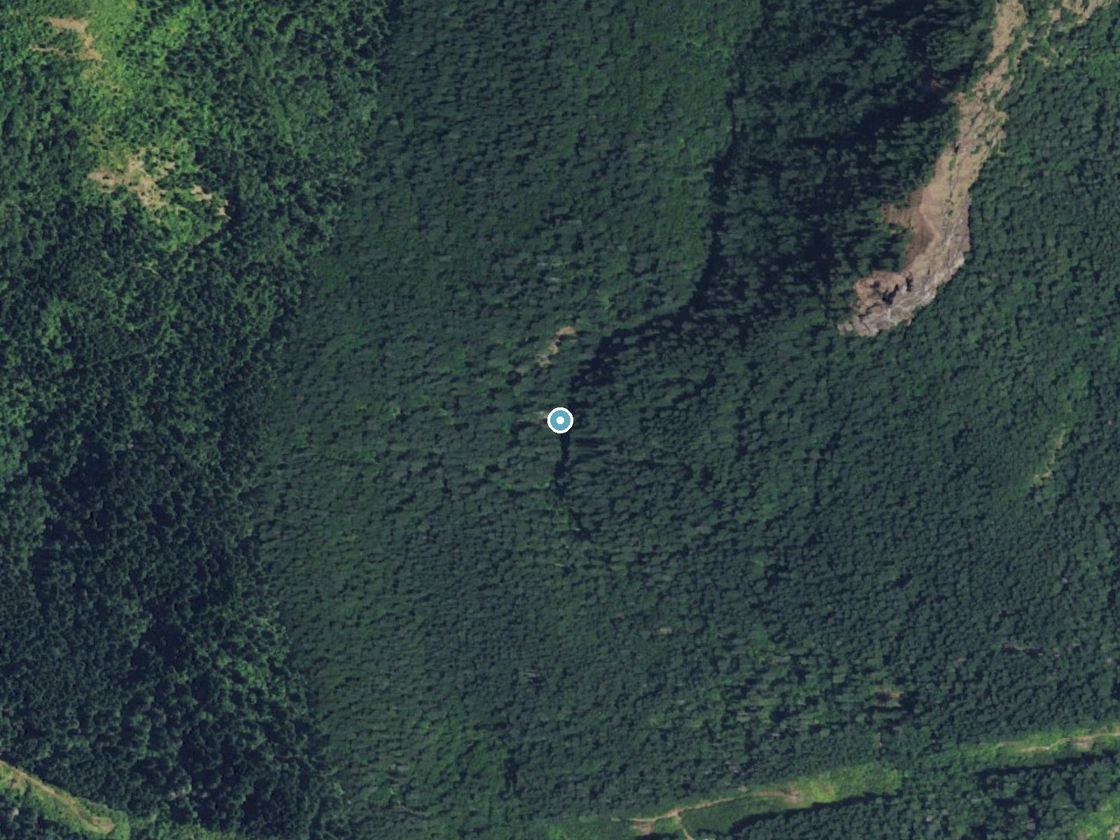 Aerial photo of the same ground around Hardy Falls near North Bonneville, Washington, for comparison with the lidar view