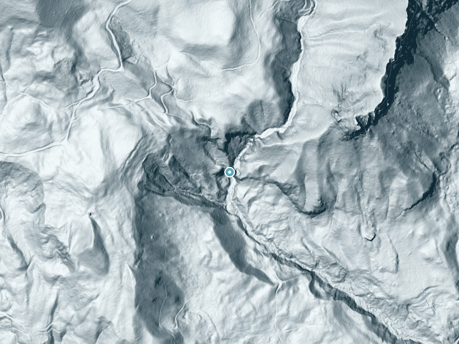 LiDAR bare-earth terrain around Hardy Falls near North Bonneville, Washington, showing about 277 feet of drop, a single sheer drop, facing south