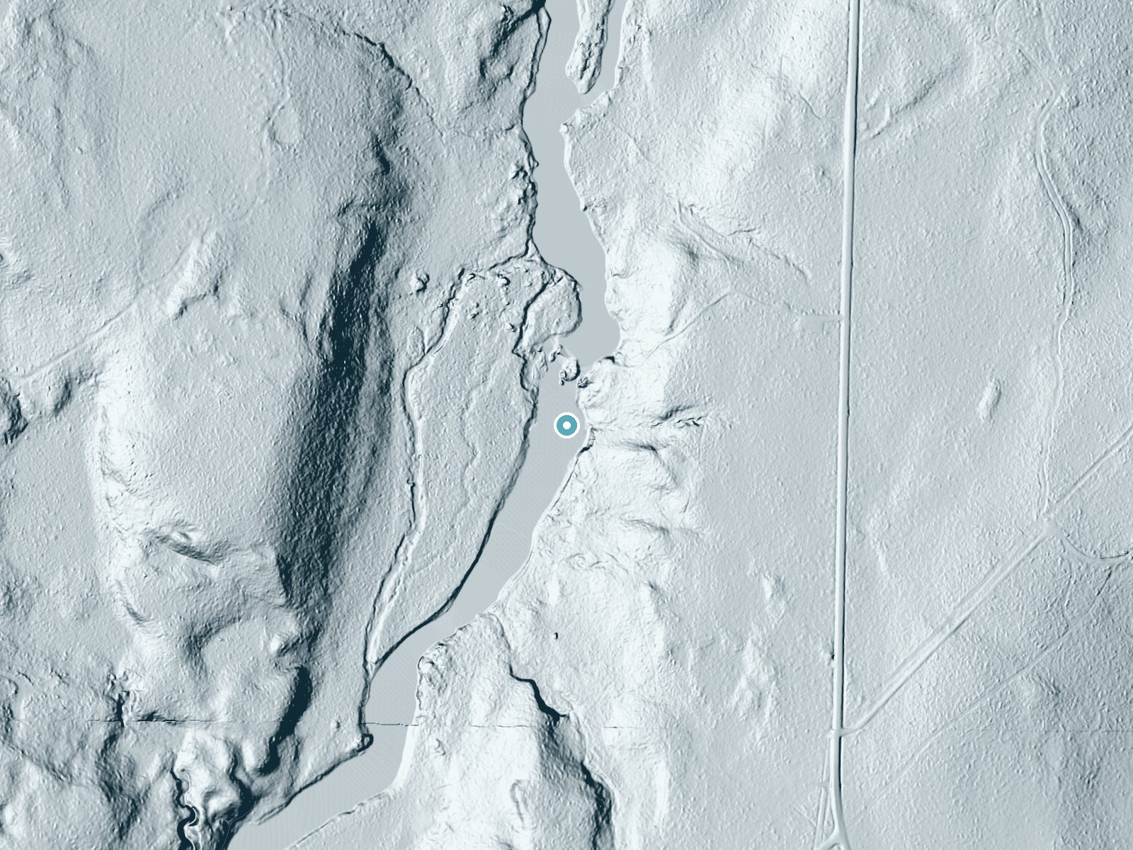 LiDAR bare-earth terrain around Little Falls near Hawkins, Wisconsin, showing about 27 feet of drop, a long cascade, facing west