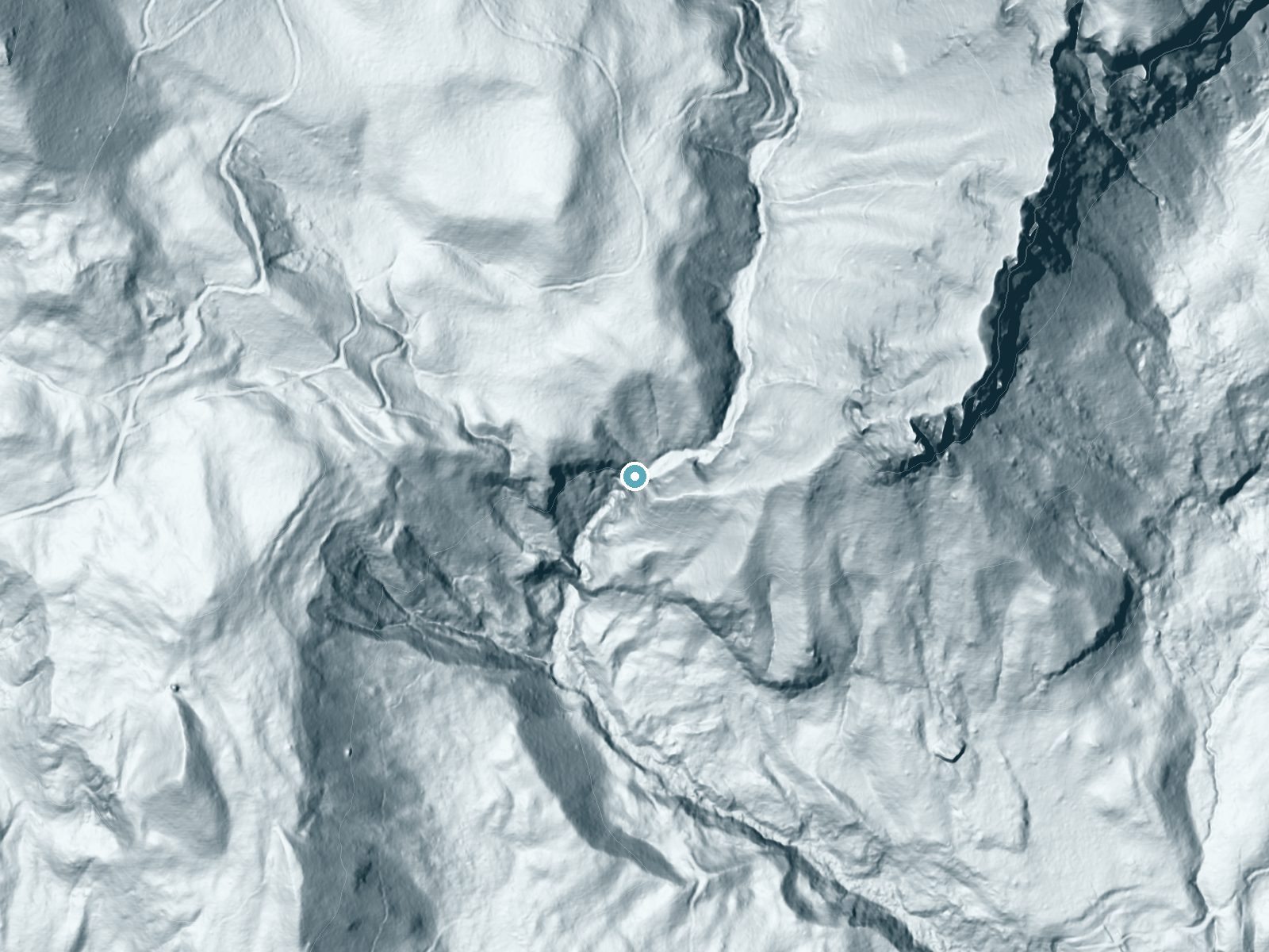 LiDAR bare-earth terrain around Rodney Falls near North Bonneville, Washington, showing about 328 feet of drop, a steep tiered drop, facing south