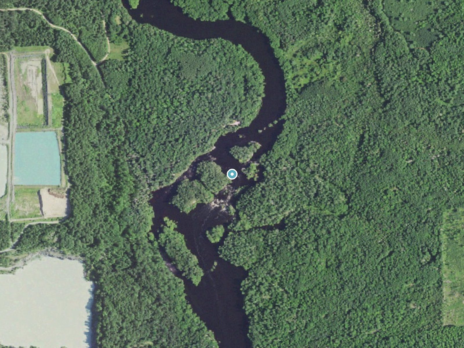 Aerial photo of the same ground around Quiver Falls near Pembine, Wisconsin, for comparison with the lidar view