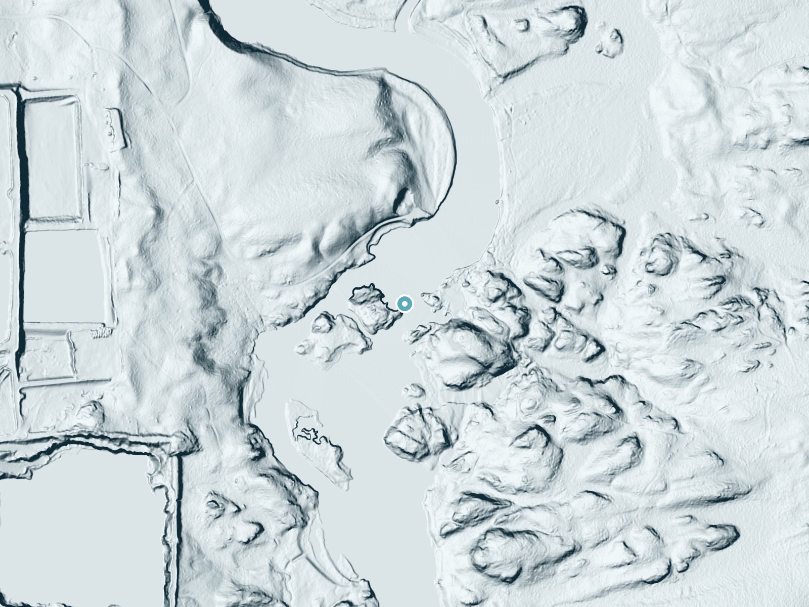 LiDAR bare-earth terrain around Quiver Falls near Pembine, Wisconsin, showing about 41 feet of drop, a long cascade, facing east