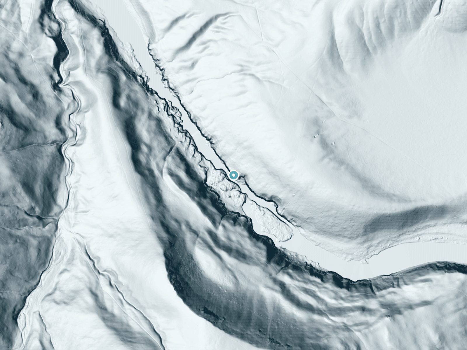 LiDAR bare-earth terrain around Tumwater Falls near Wasco, Oregon, showing about 111 feet of drop, a steep tiered drop, facing southwest
