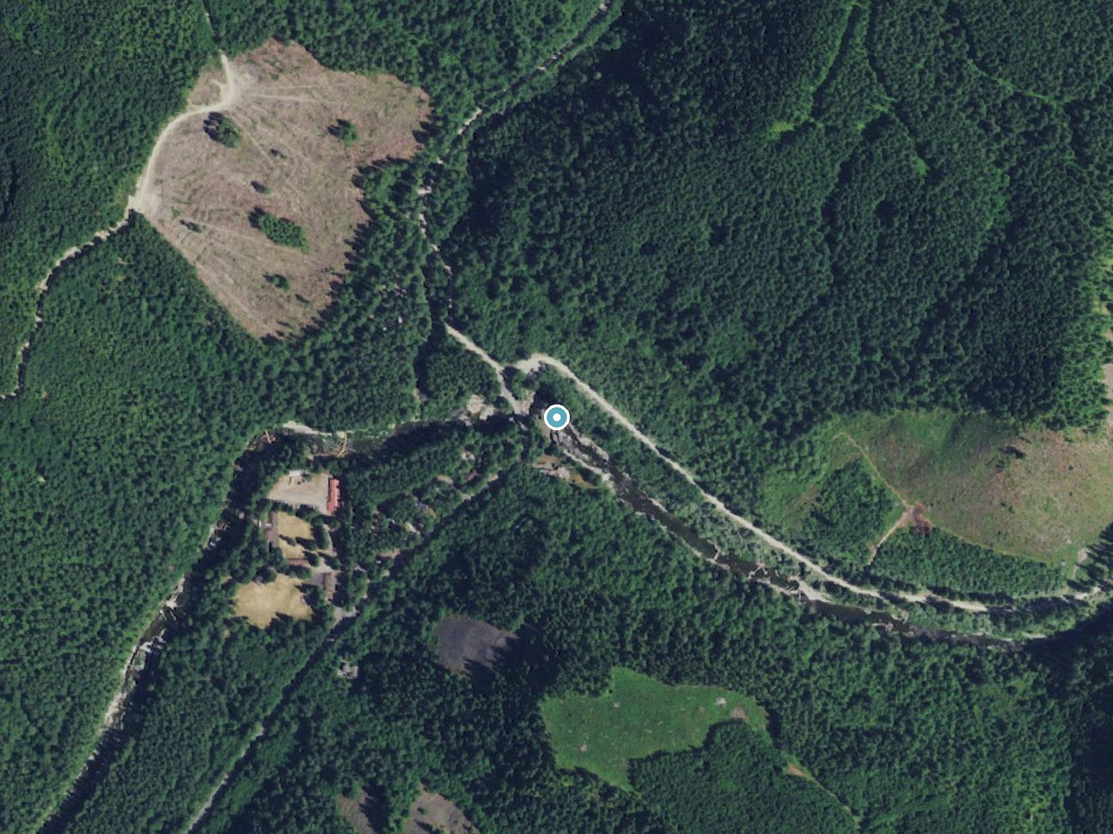Aerial photo of the same ground around Dougan Falls near North Bonneville, Washington, for comparison with the lidar view