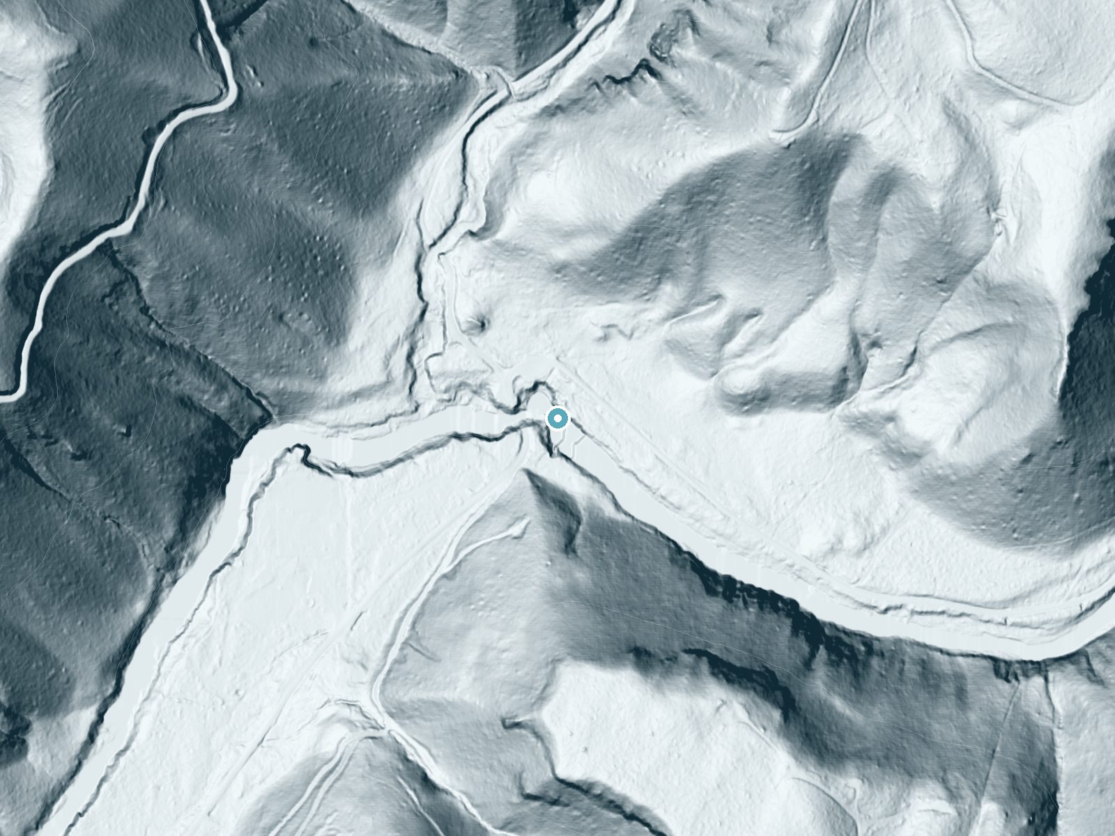LiDAR bare-earth terrain around Dougan Falls near North Bonneville, Washington, showing about 46 feet of drop, a steep tiered drop, facing west