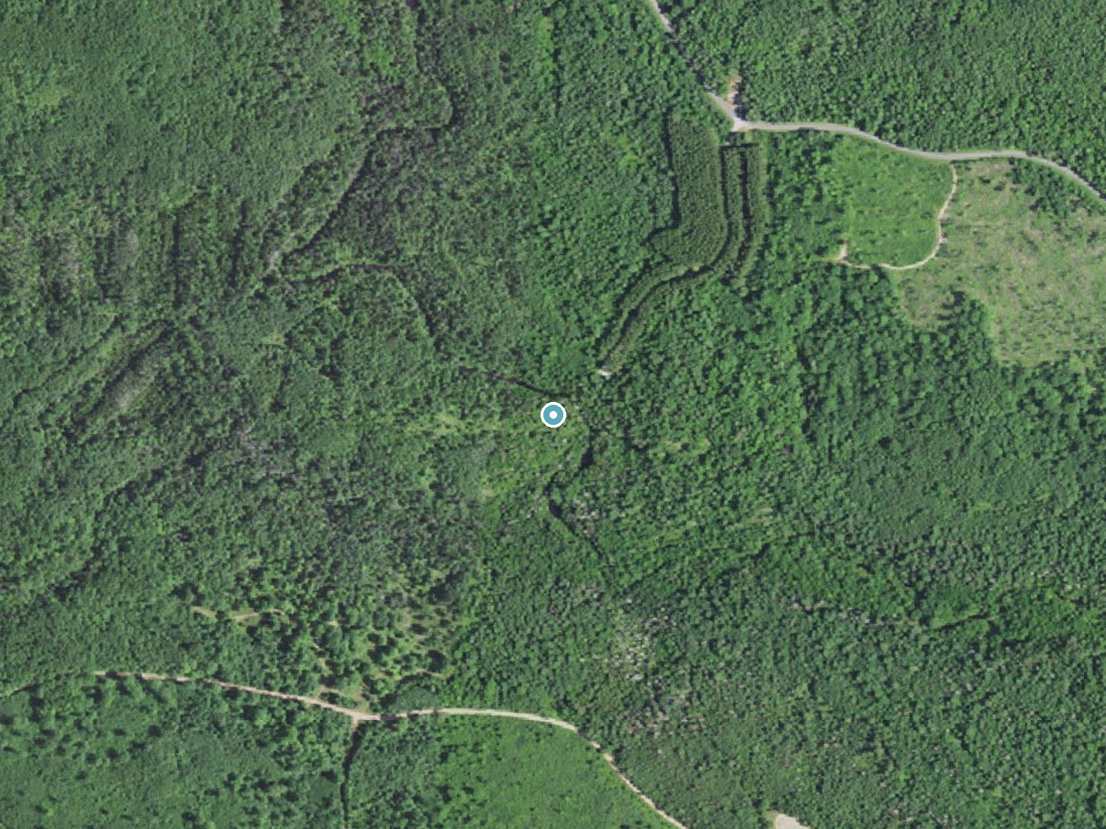 Aerial photo of the same ground around Long Slide Falls near Pembine, Wisconsin, for comparison with the lidar view