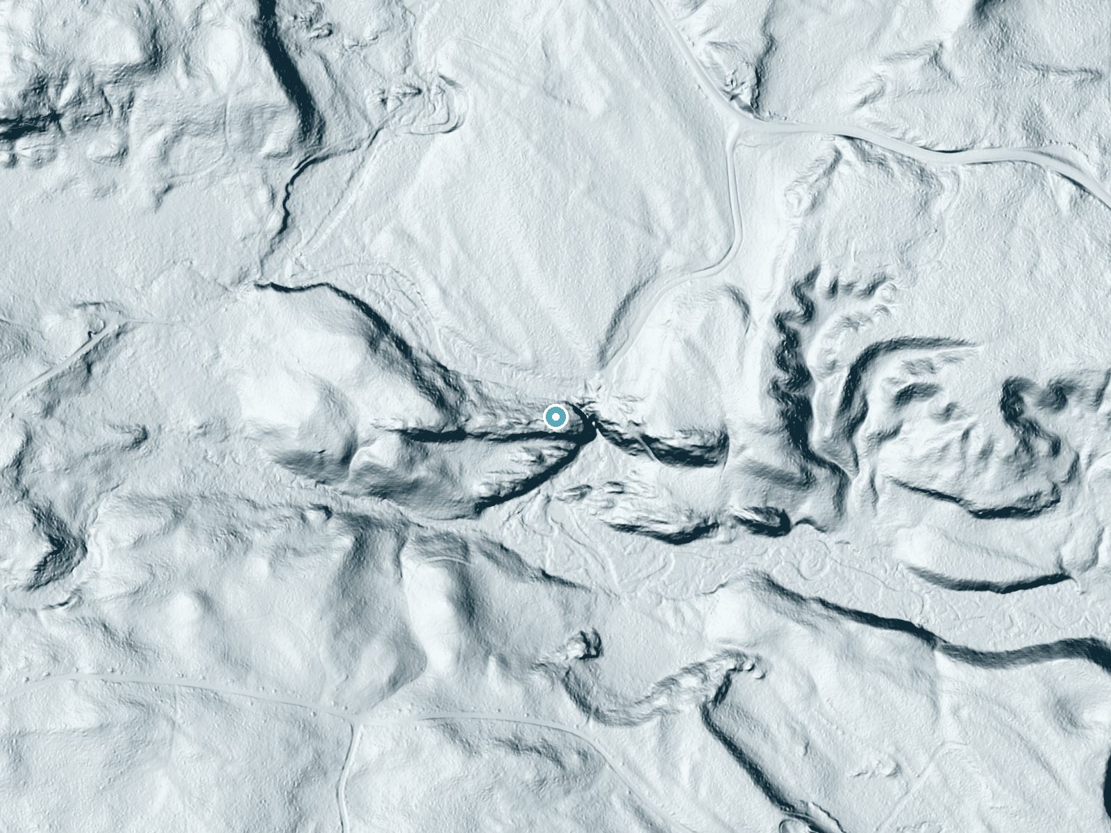 LiDAR bare-earth terrain around Long Slide Falls near Pembine, Wisconsin, showing about 70 feet of drop, a steep tiered drop, facing southeast