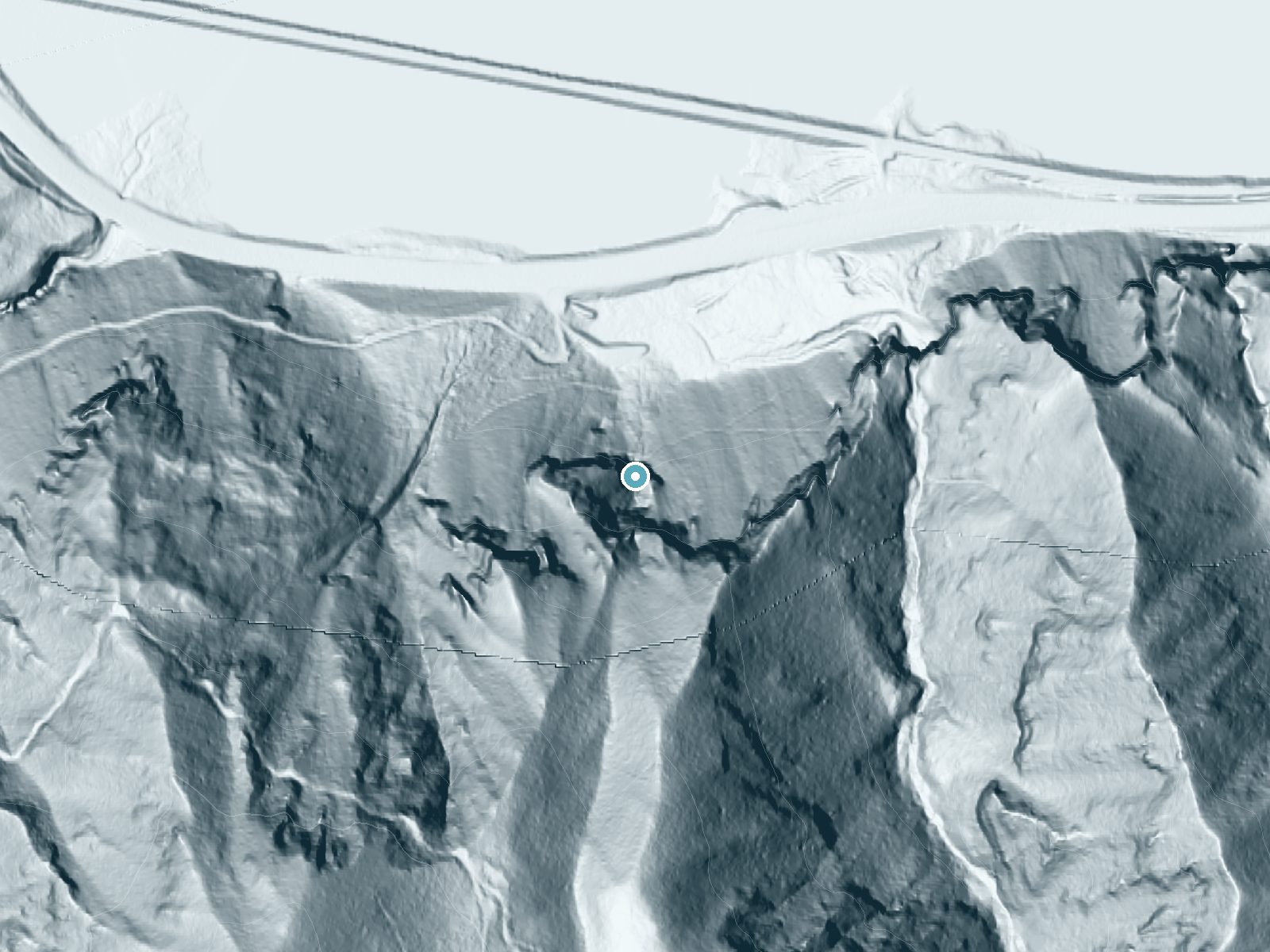 LiDAR bare-earth terrain around Lancaster Falls near Carson, Oregon, showing about 531 feet of drop, a single sheer drop, facing north