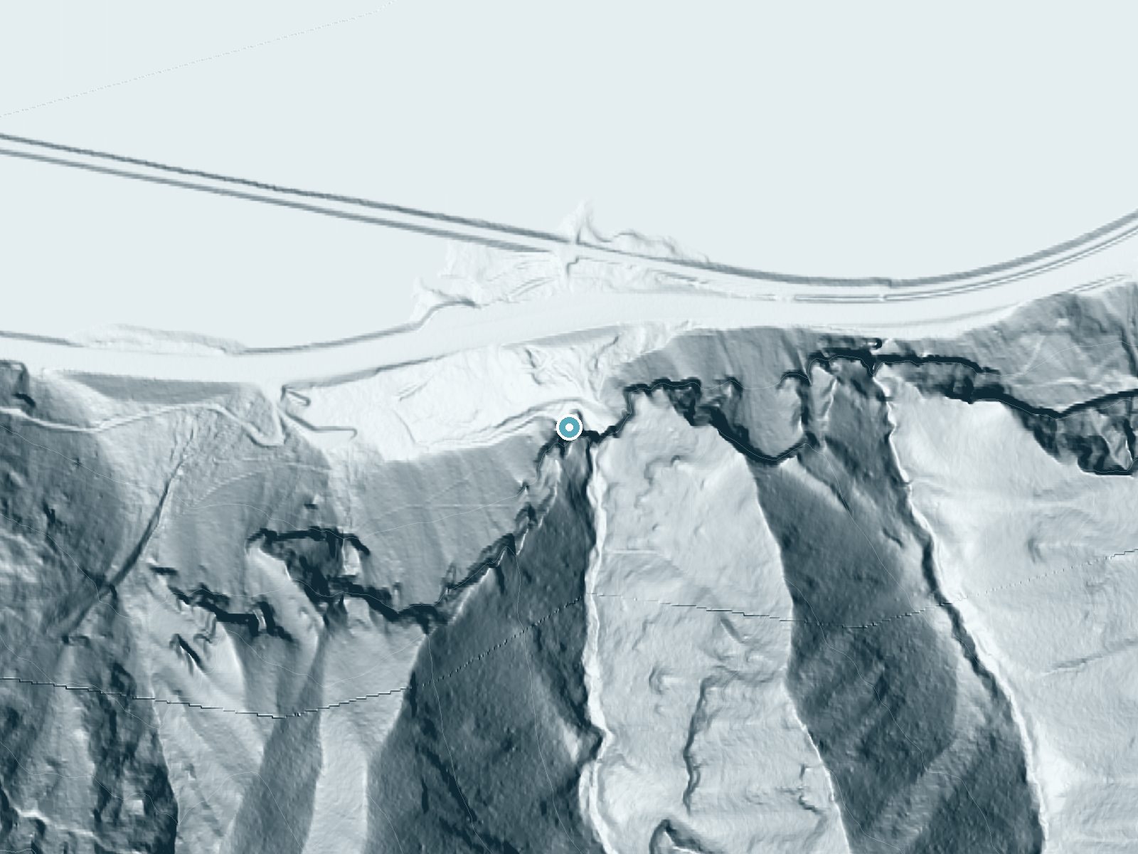 LiDAR bare-earth terrain around Warren Creek Falls near Carson, Oregon, showing about 294 feet of drop, a single sheer drop, facing northwest